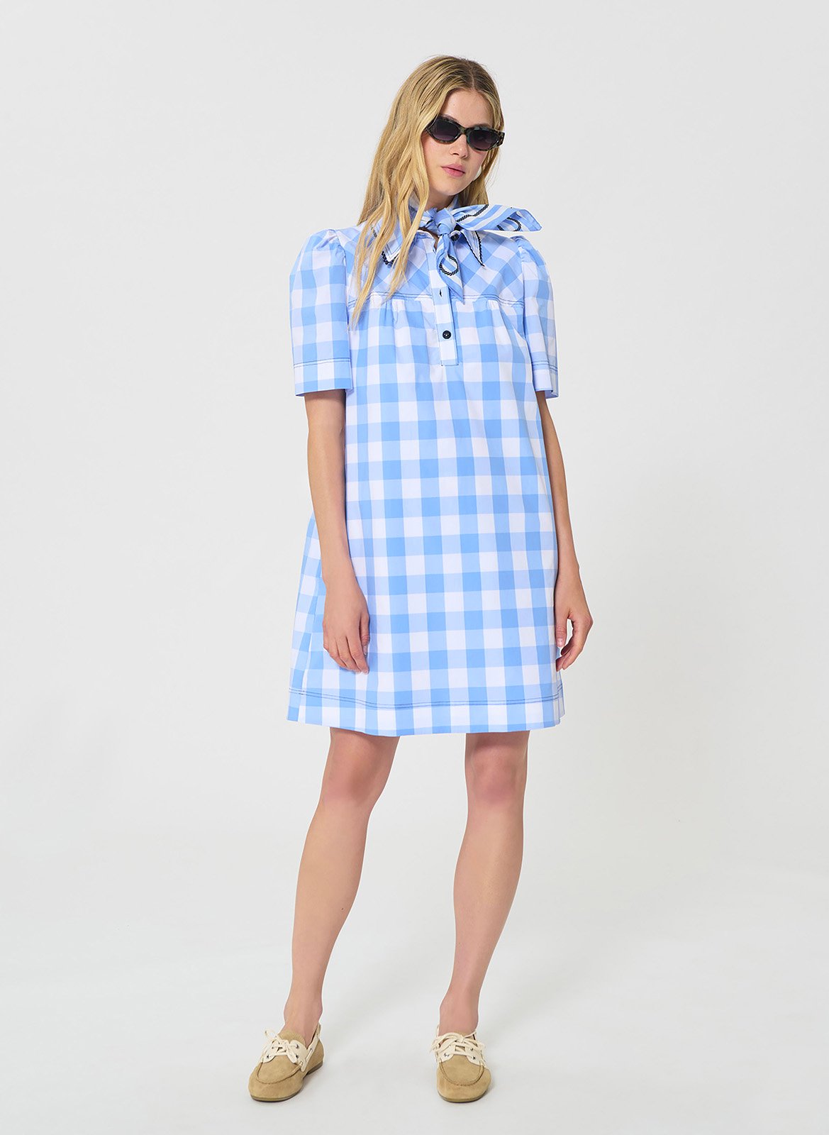 Kurzes bedrucktes Baumwollkleid mit klassischem Kragen TARA JARMON Blau