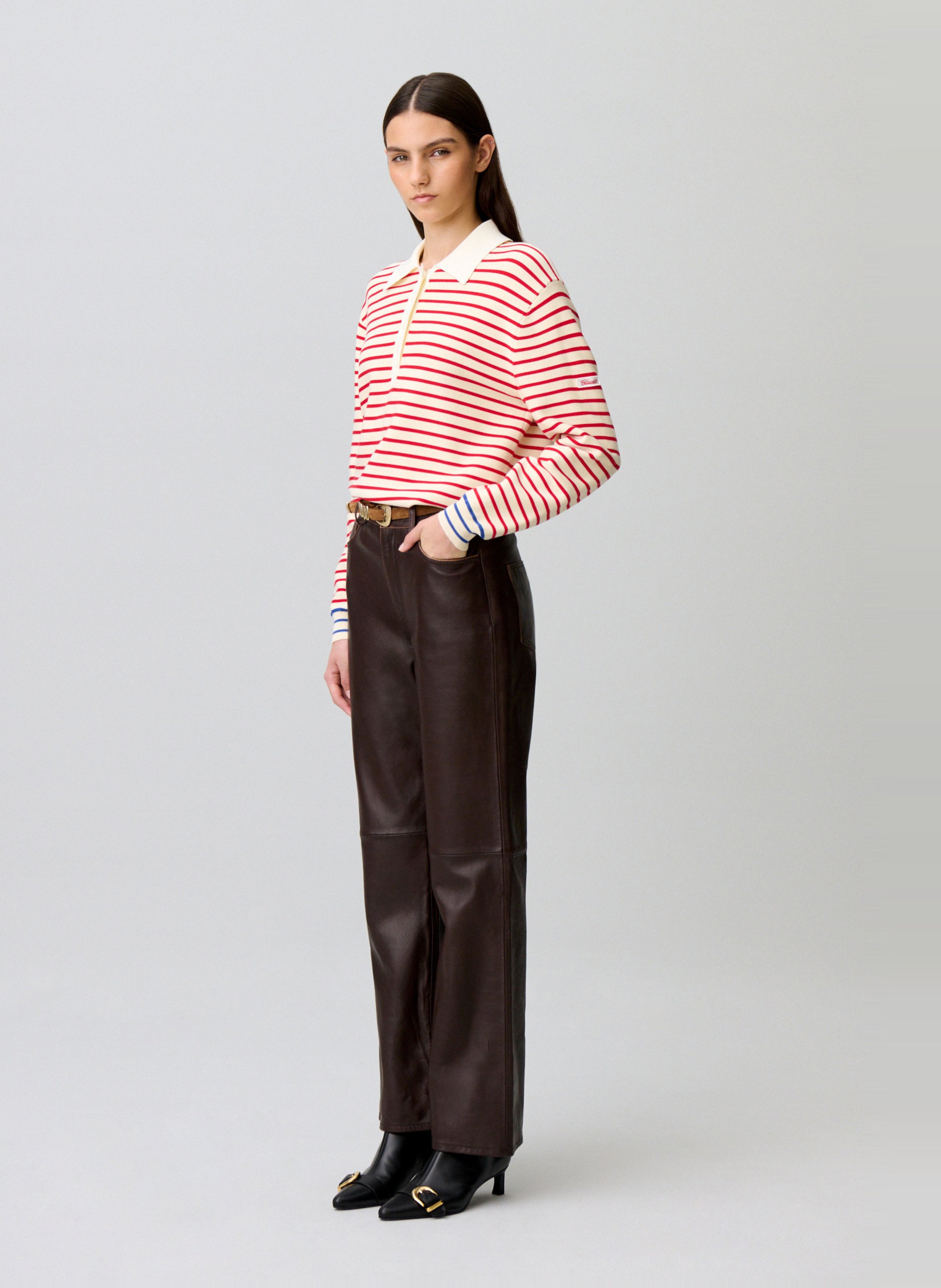 Pantalon droit uni en cuir CLAUDIE PIERLOT Marron
