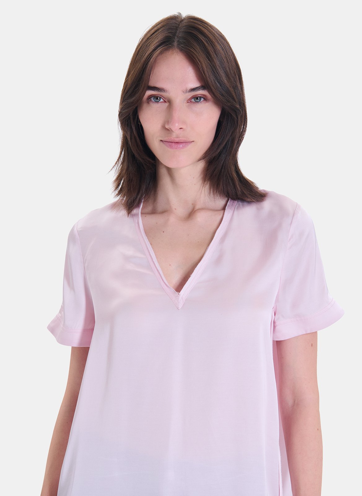 Recht T-shirt met V-hals in soepelvallende stof ZAPA Roze