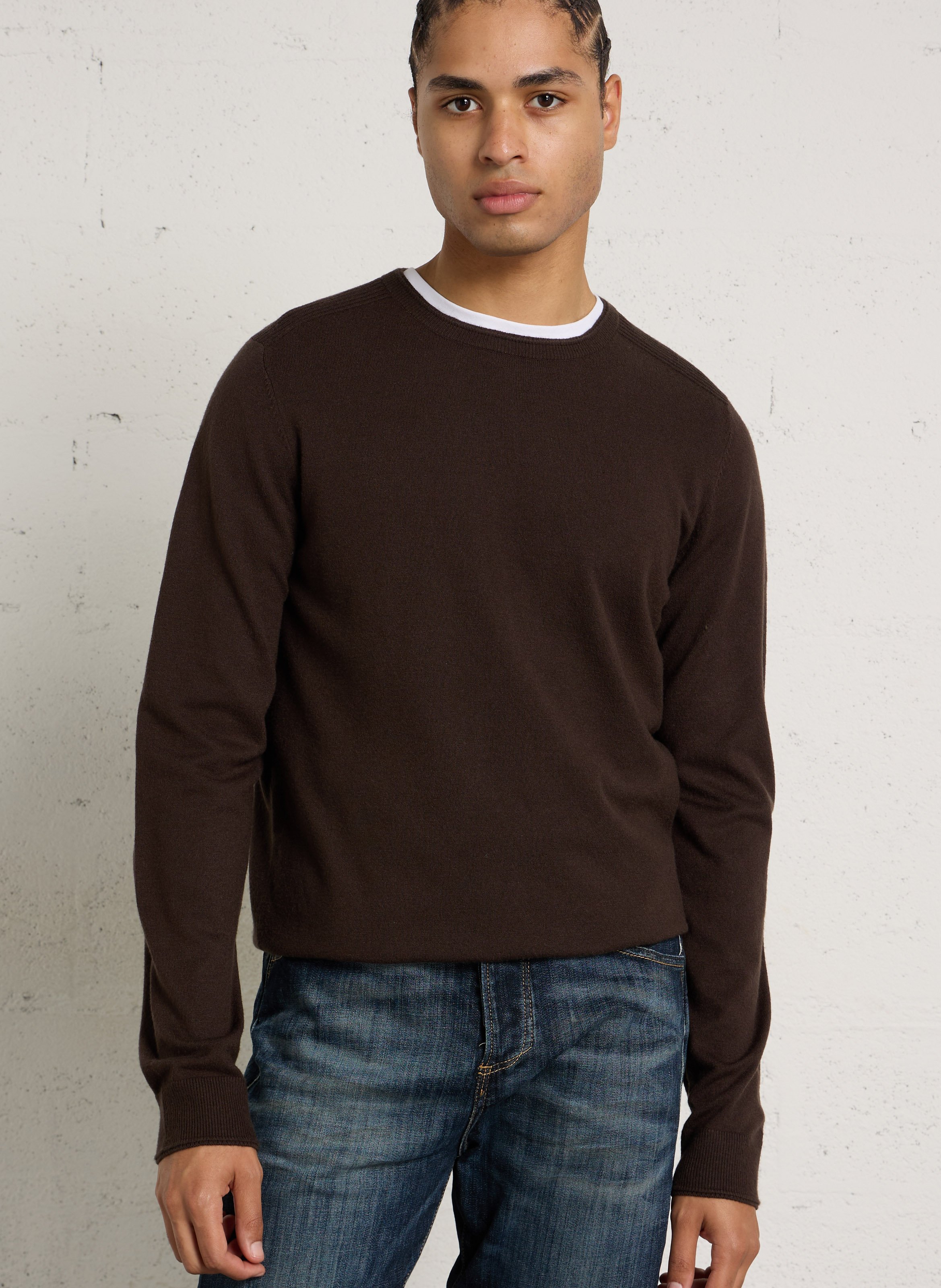Pull droit col rond en maille unie LE TEMPS DES CERISES Marron