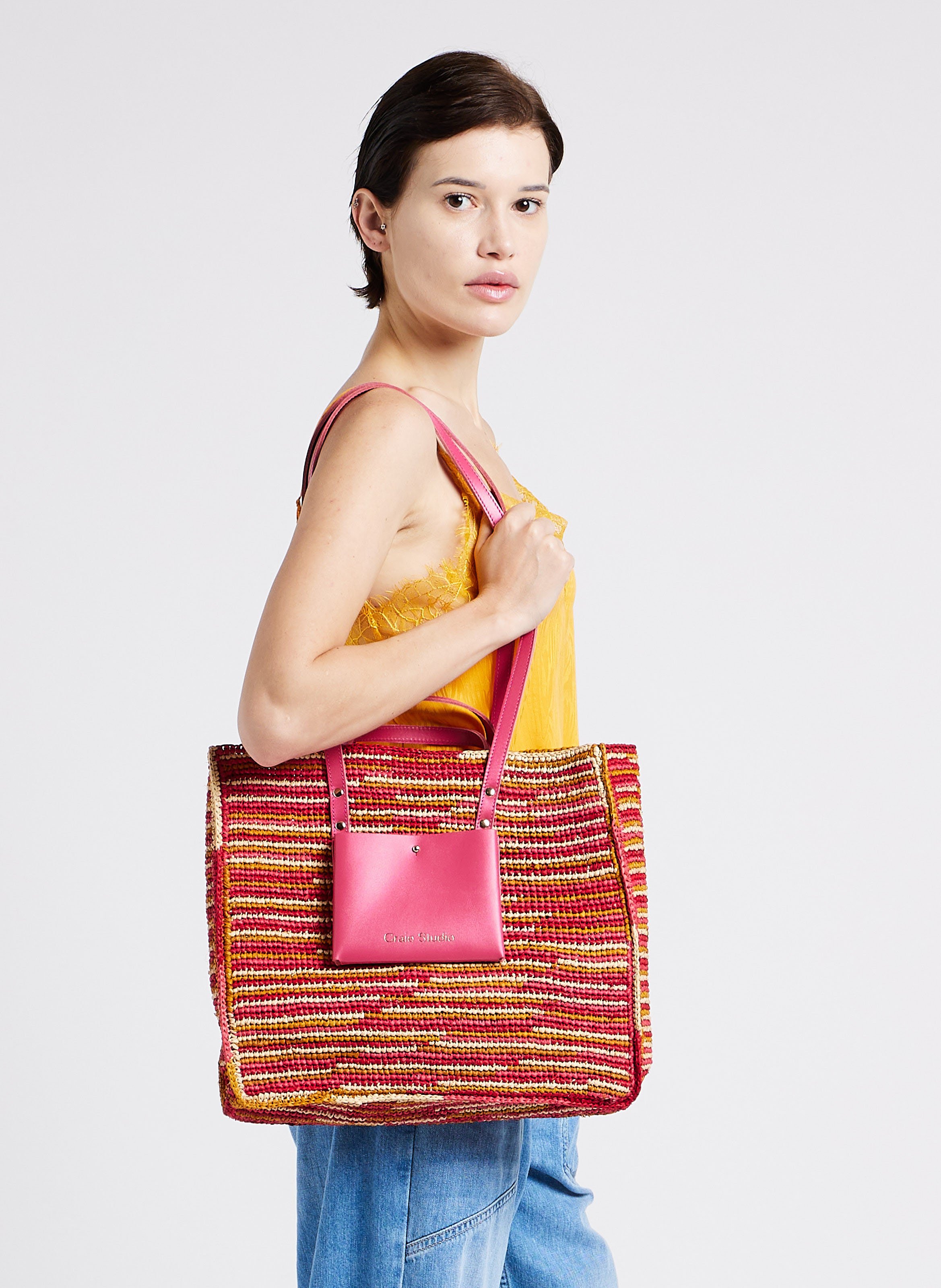 Sac cabas en raphia et cuir CRAIE STUDIO Rose