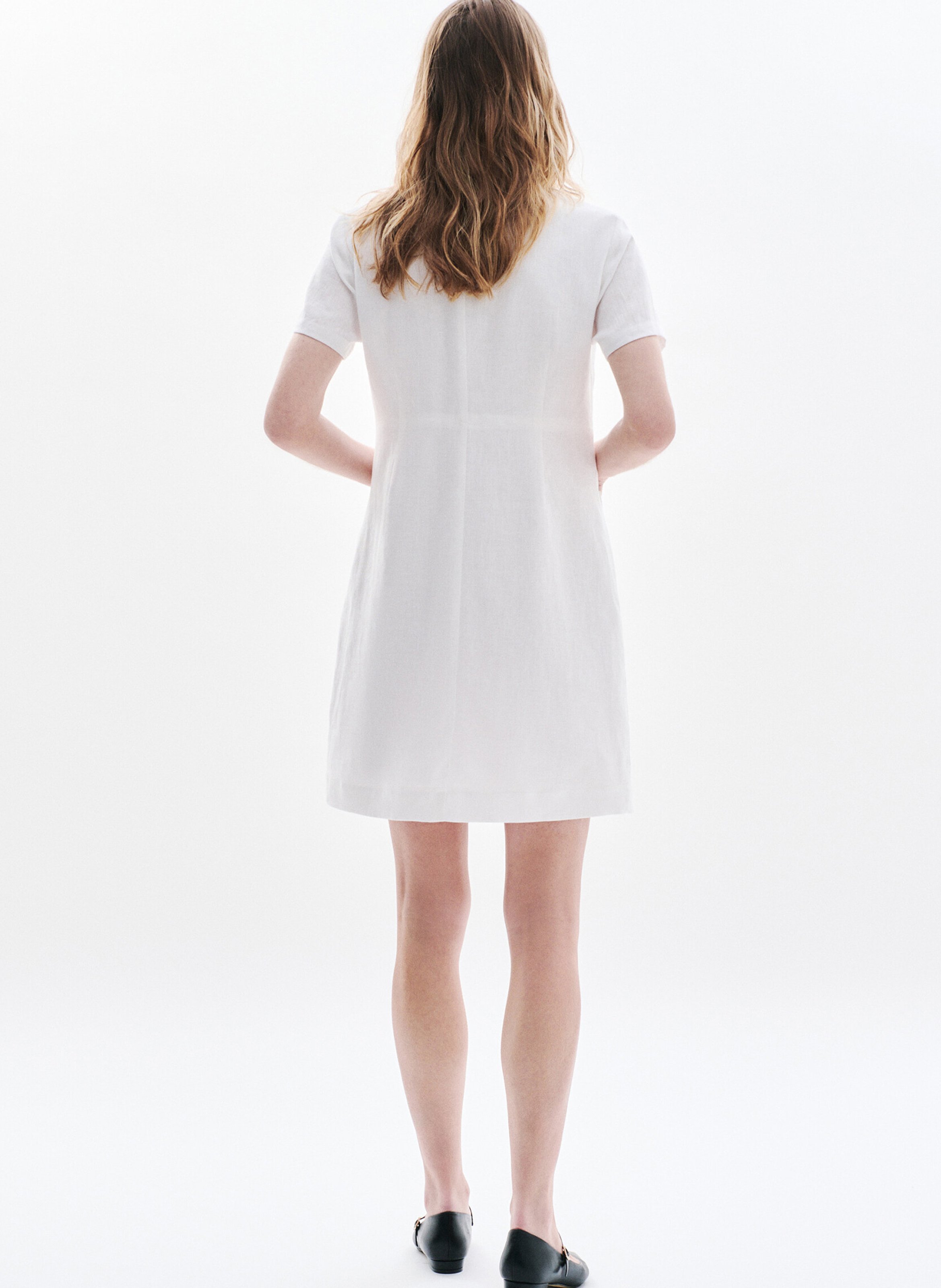 Short open-neck linen dress CAROLL White