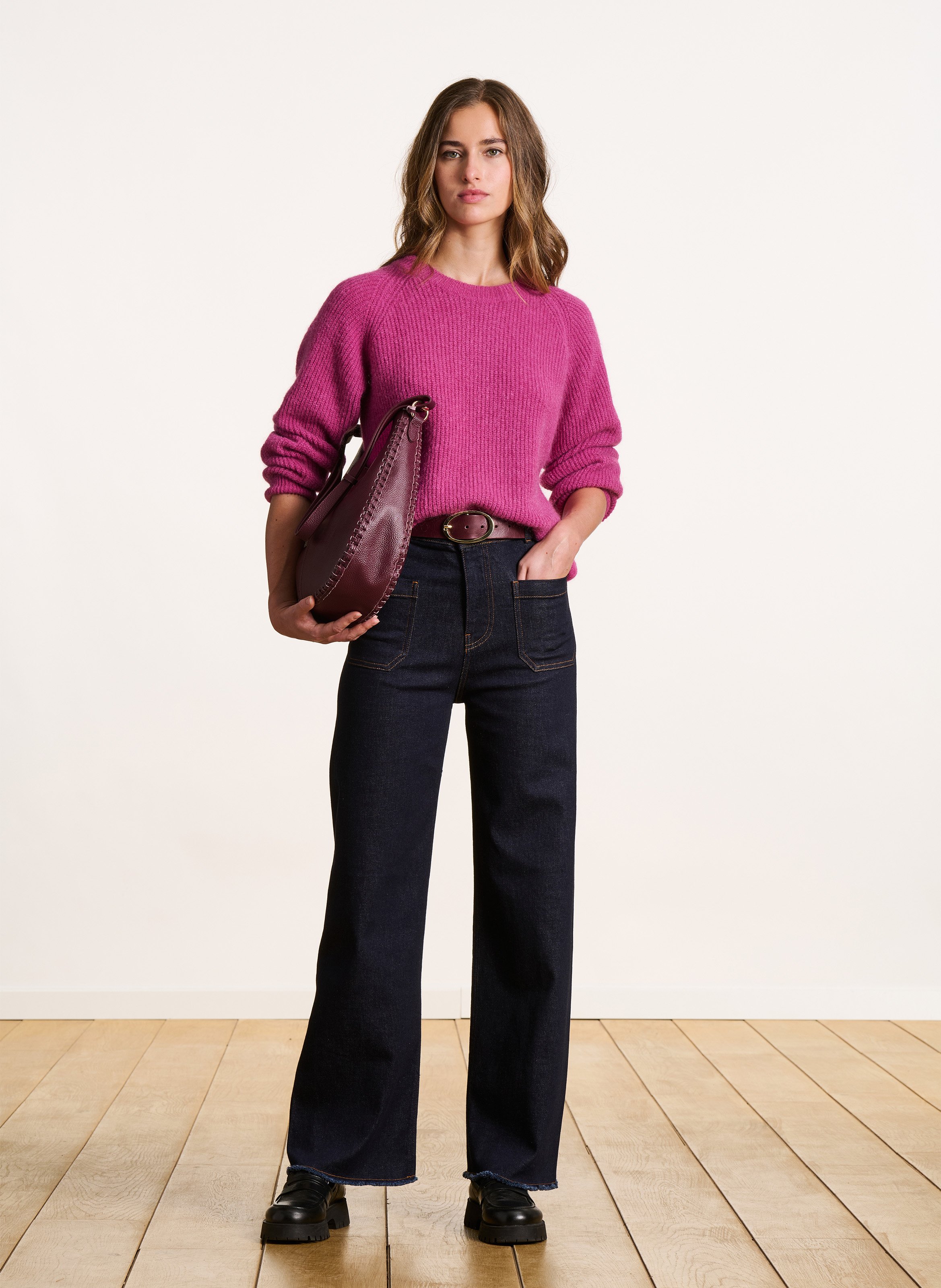 Pull droit col rond en maille mélangée LA FEE MARABOUTEE Rose