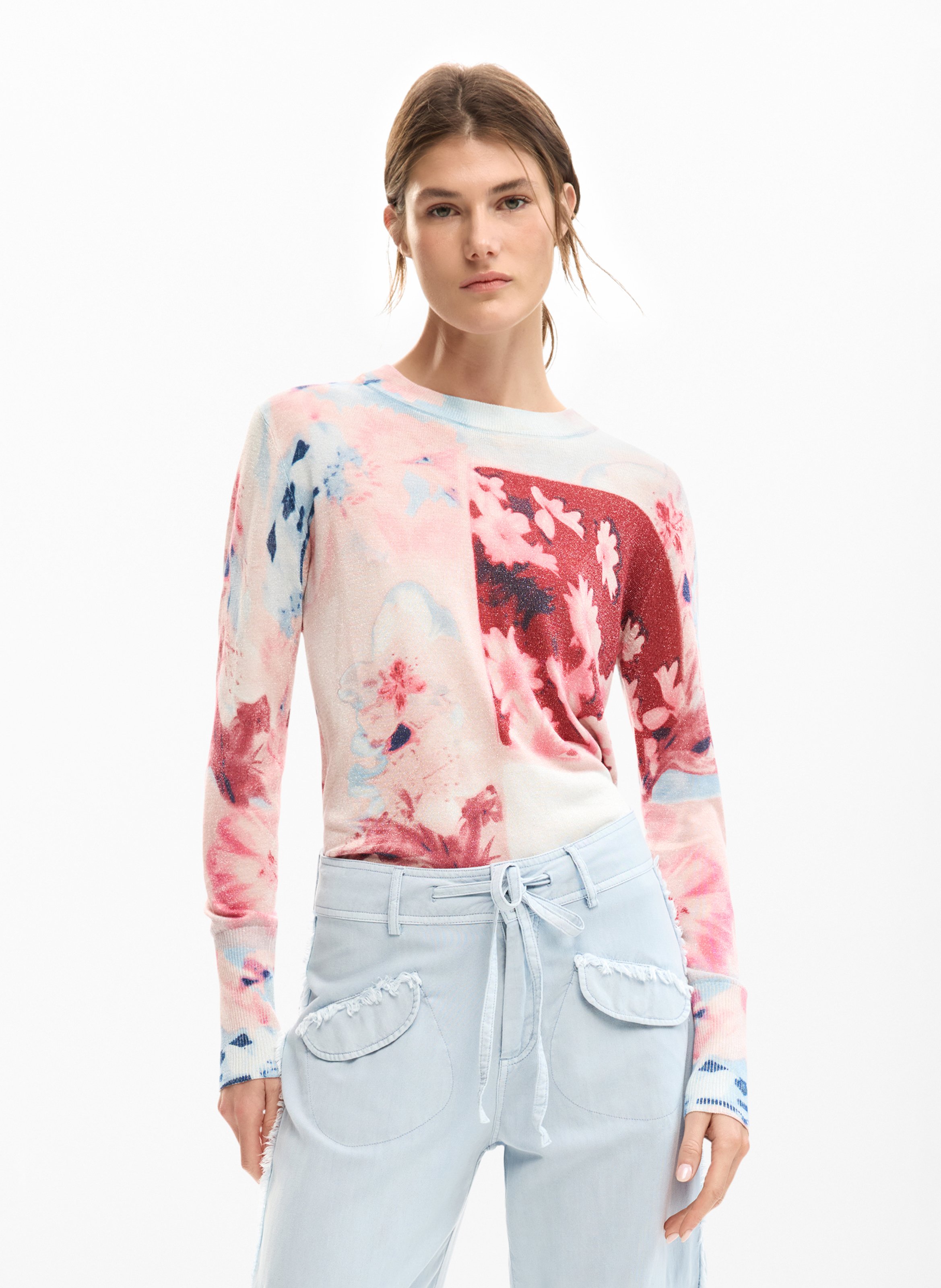 Pull col rond à imprimé floral DESIGUAL Rouge