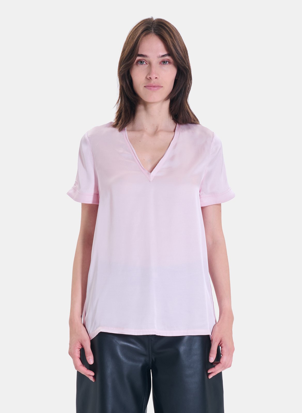 Recht T-shirt met V-hals in soepelvallende stof ZAPA Roze