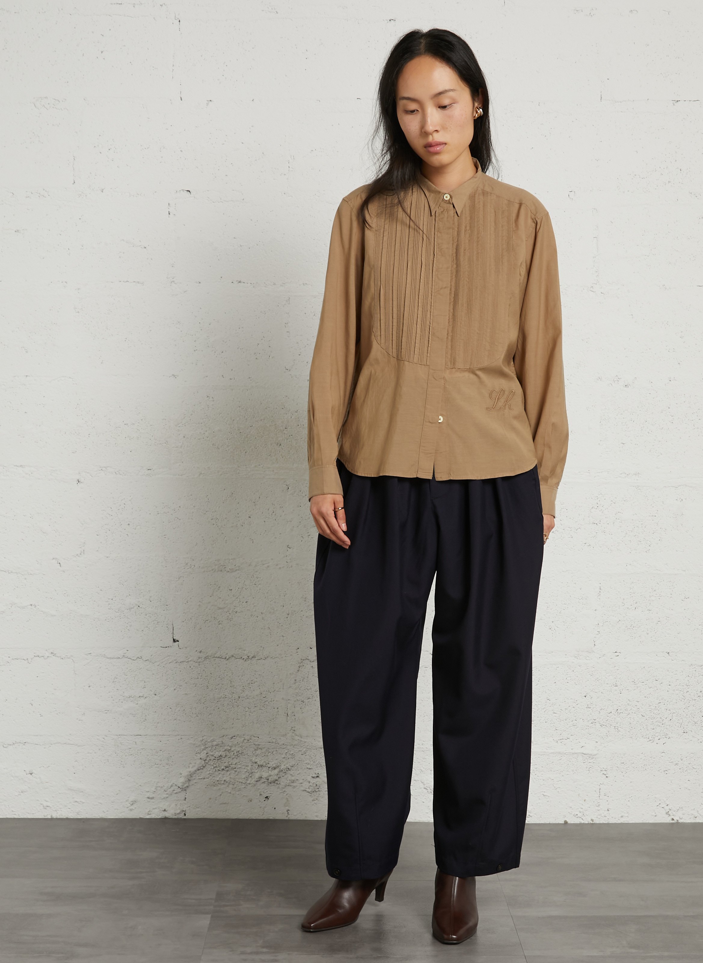 Pleated solid color blended cotton blouse LEON & HARPER Beige