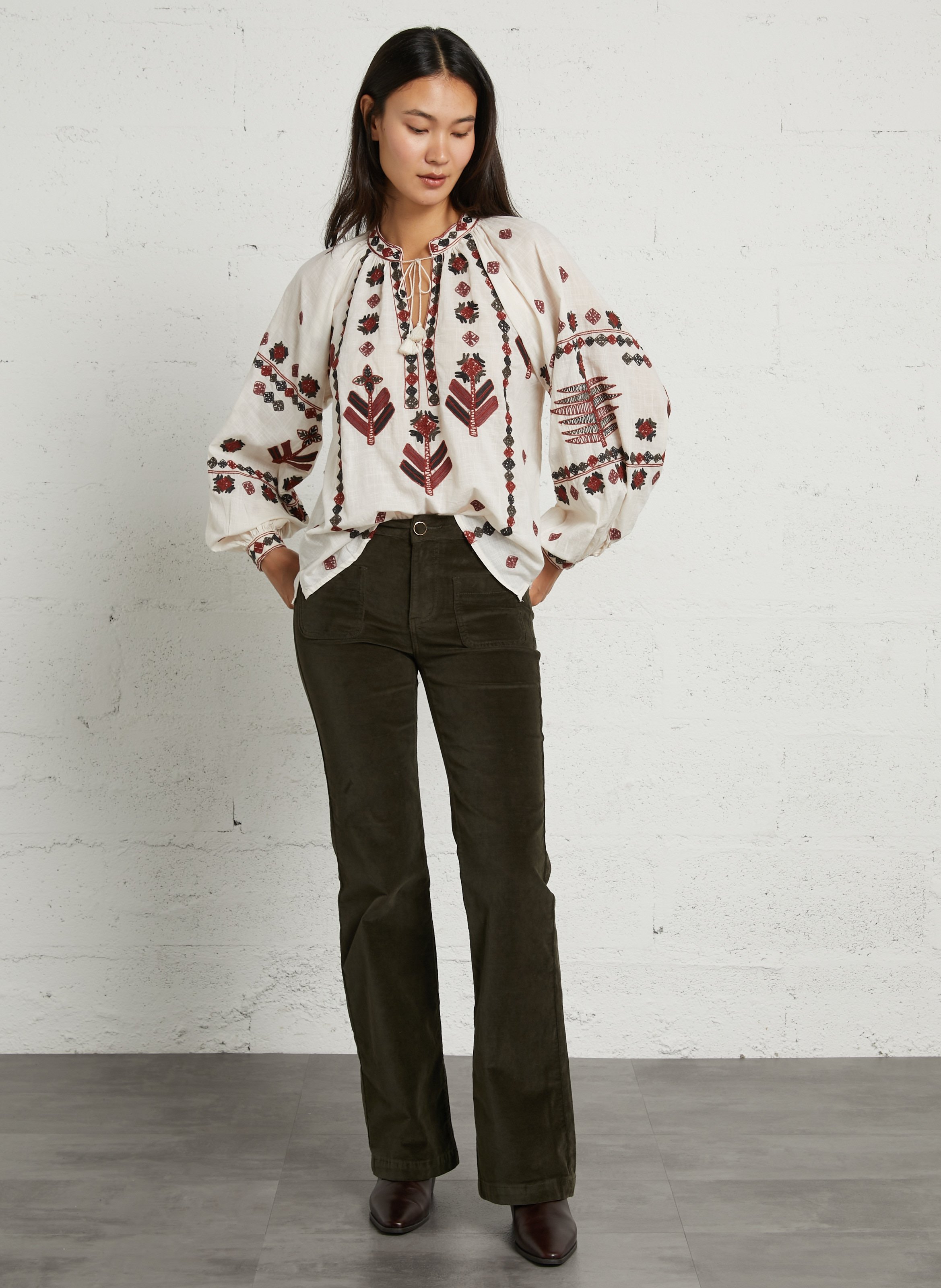 Straight embroidered cotton blouse MAISON HOTEL White