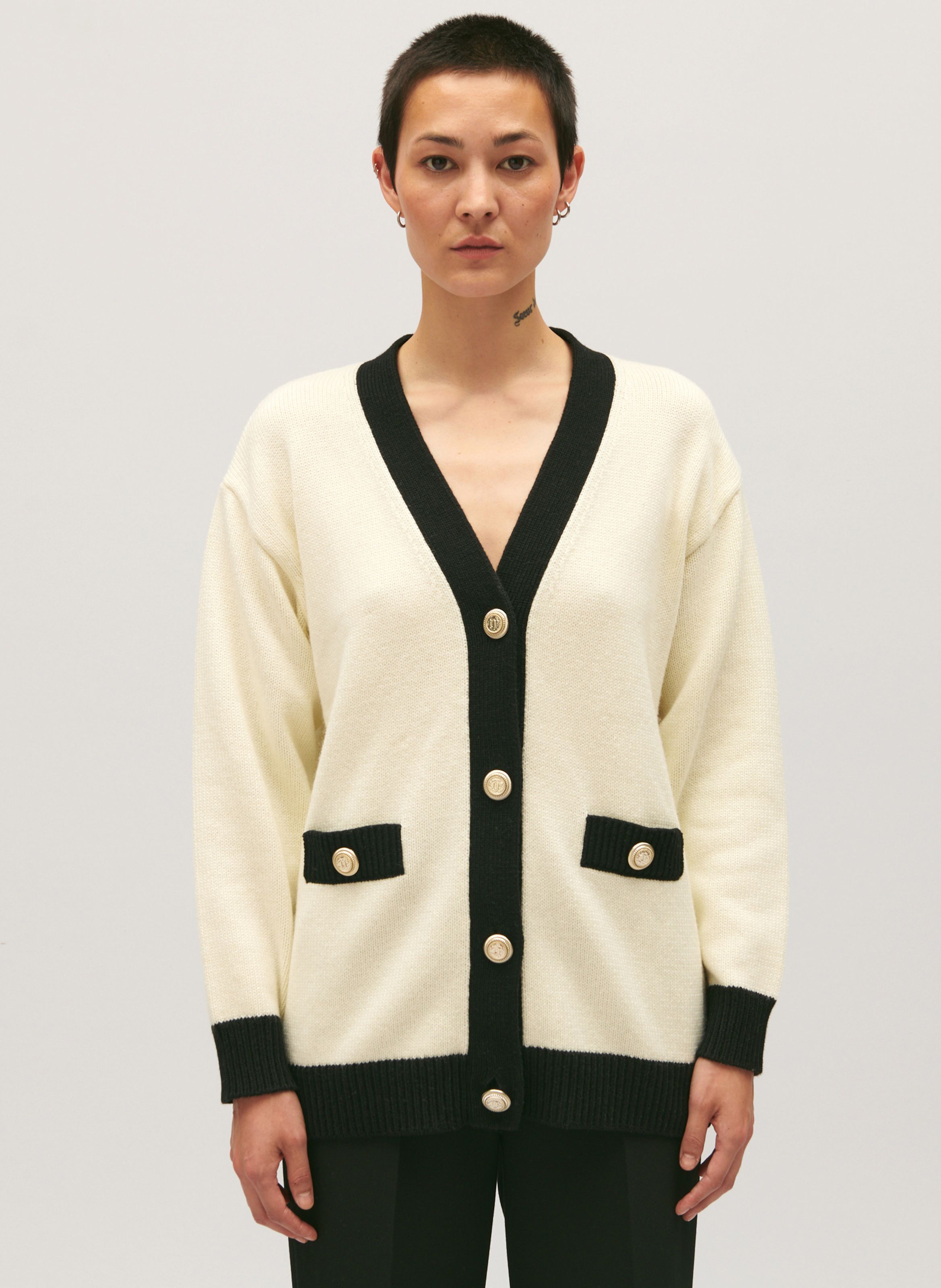 White Long V neck wool blend cardigan