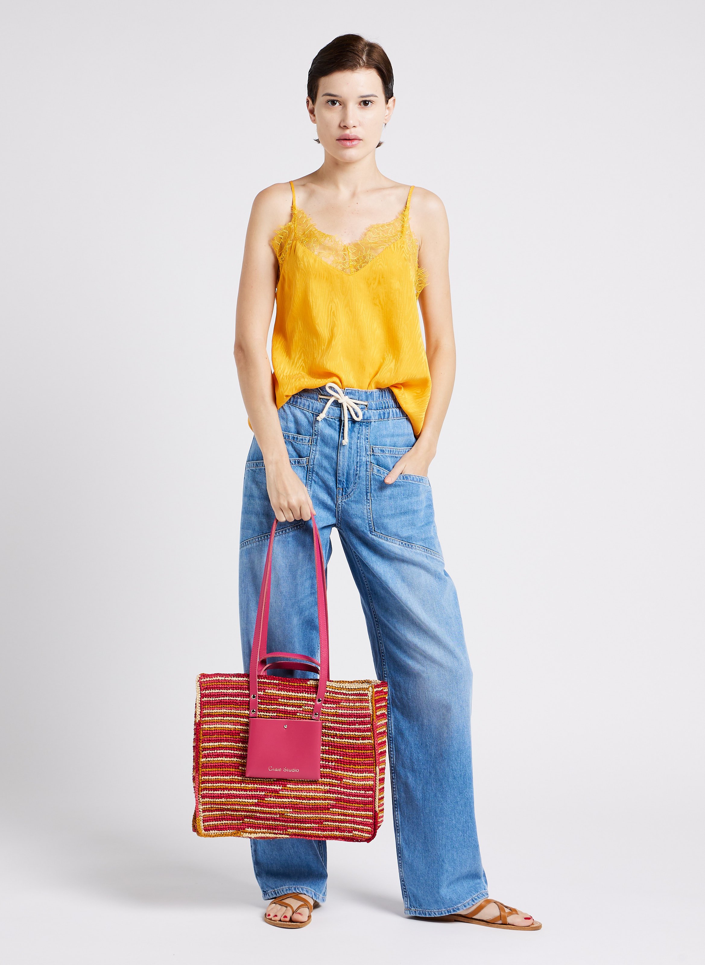 Sac cabas en raphia et cuir CRAIE STUDIO Rose