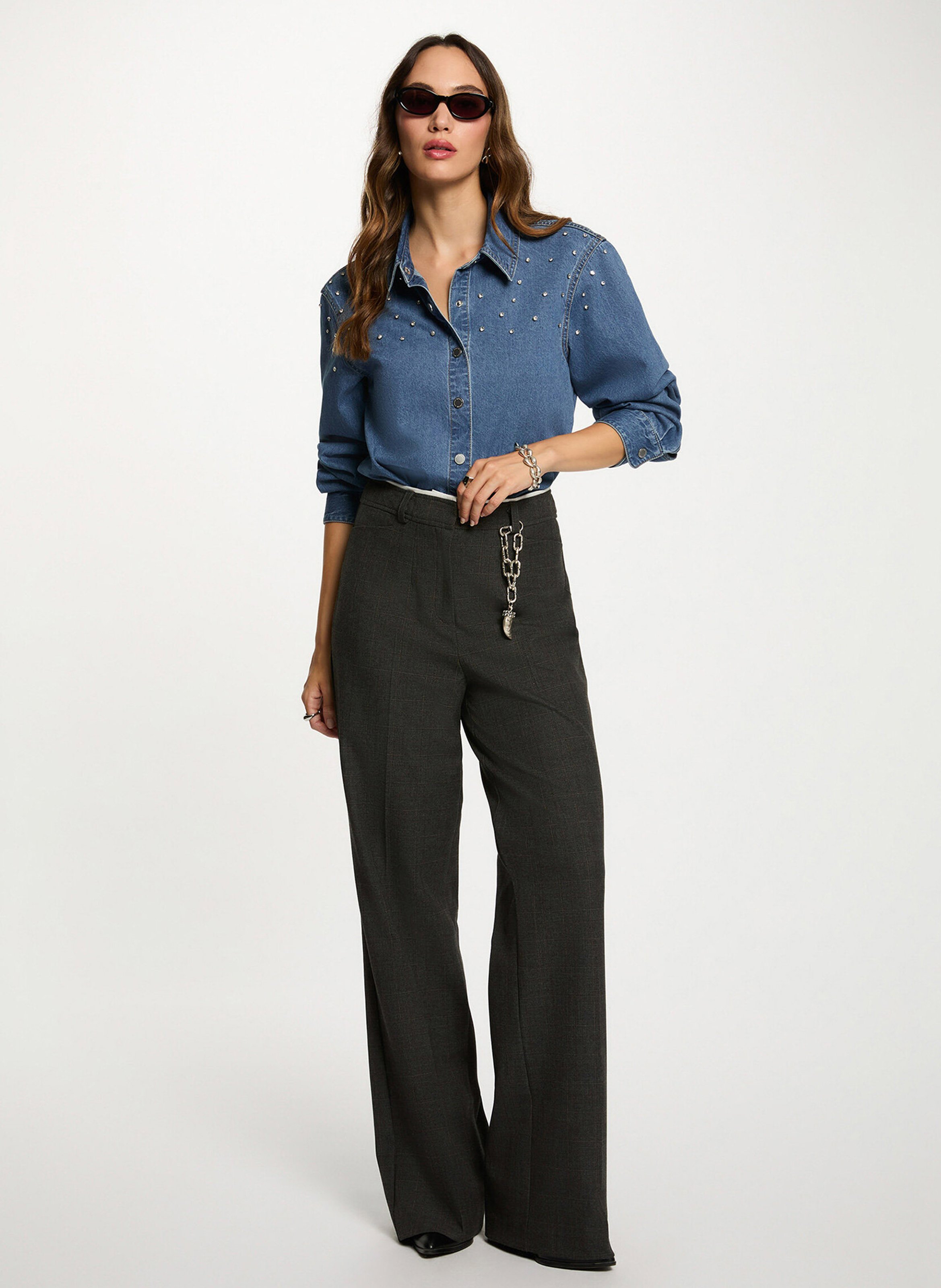 Overhemd met klassieke kraag en strass in denim MORGAN Blauw