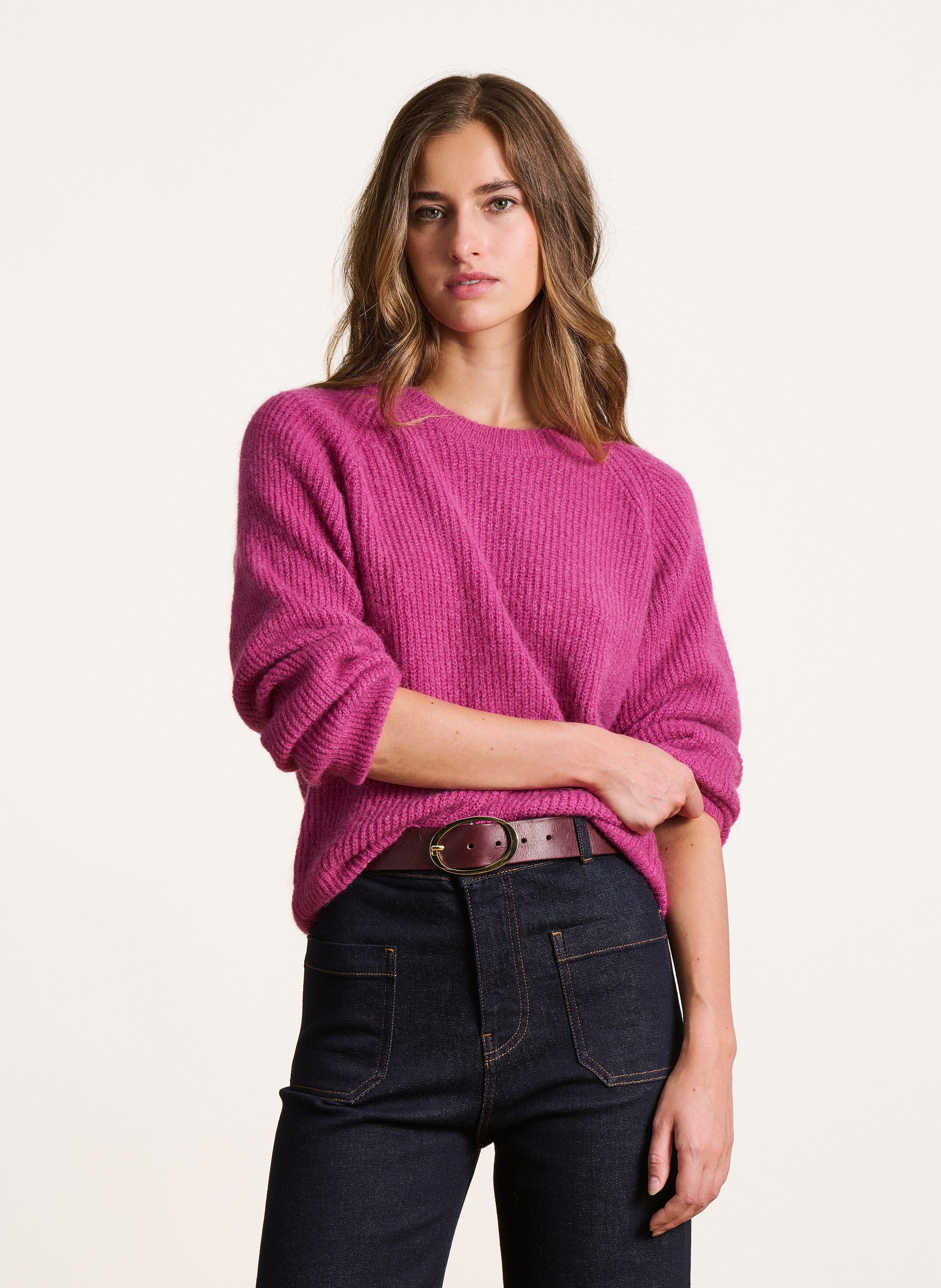 Pull droit col rond en maille mélangée LA FEE MARABOUTEE Rose