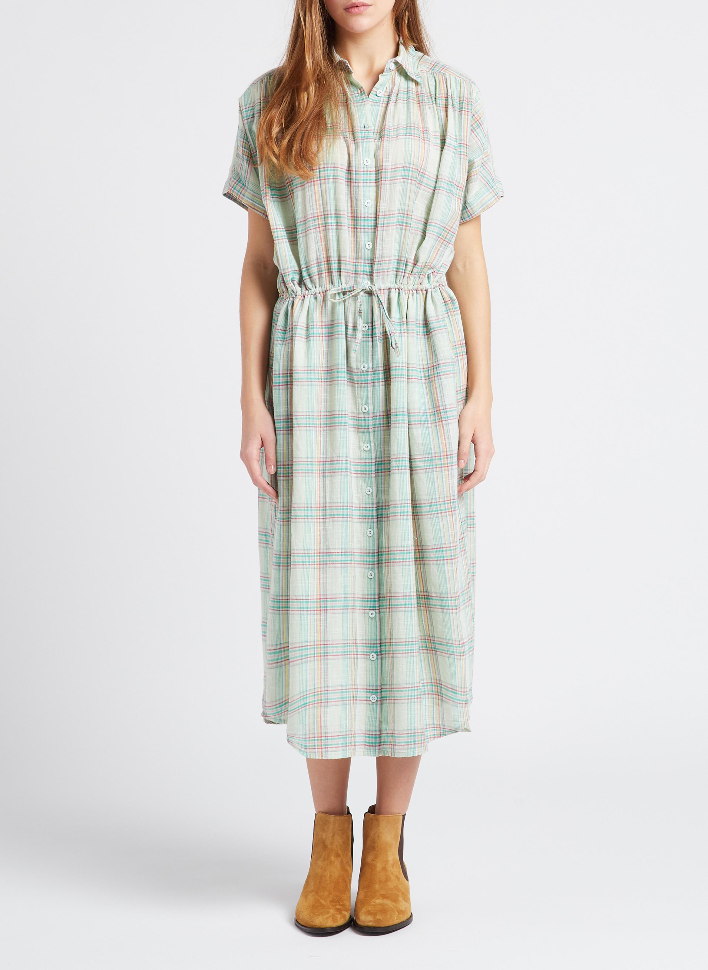 Wijde, halflange katoenen jurk met ruitjes en klassieke kraag SWILDENS Blauw