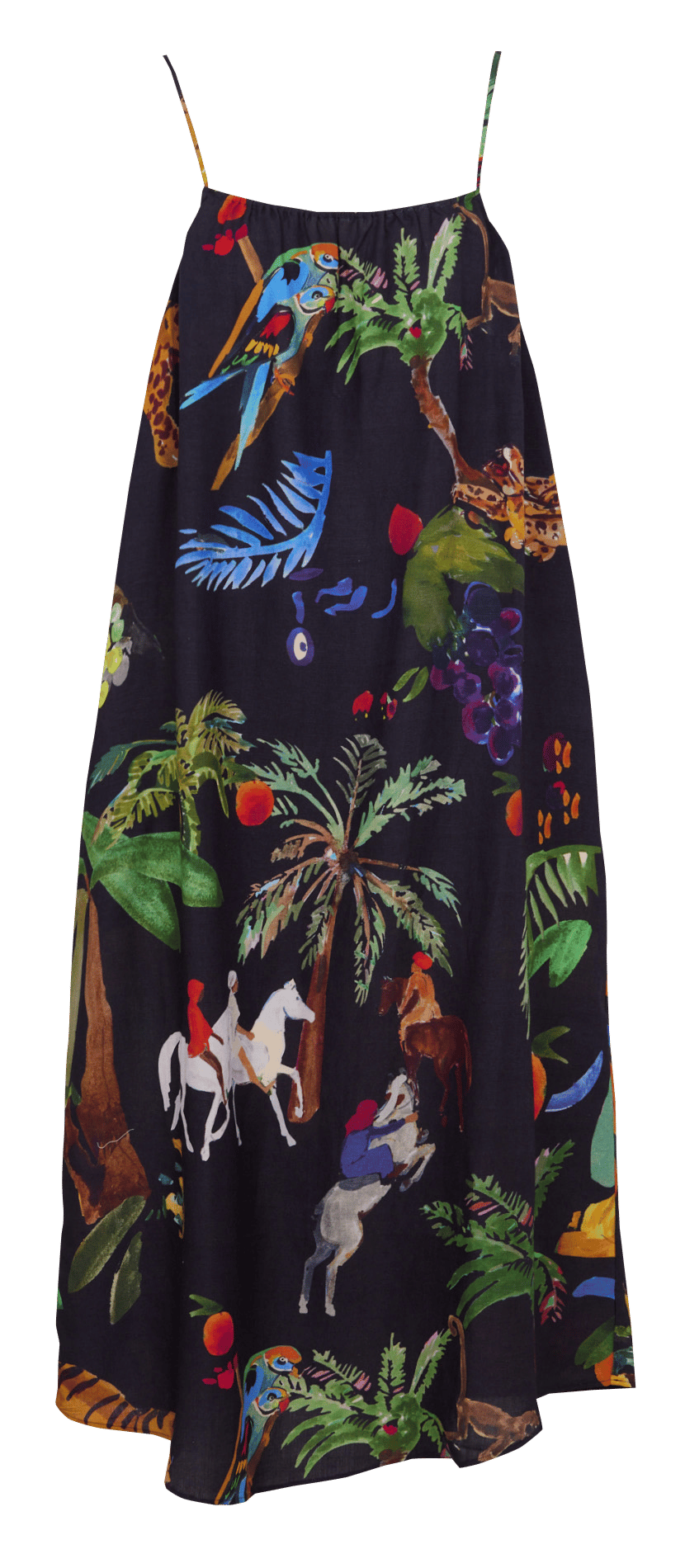 Long round neck dress in printed blended linen G.KERO Black