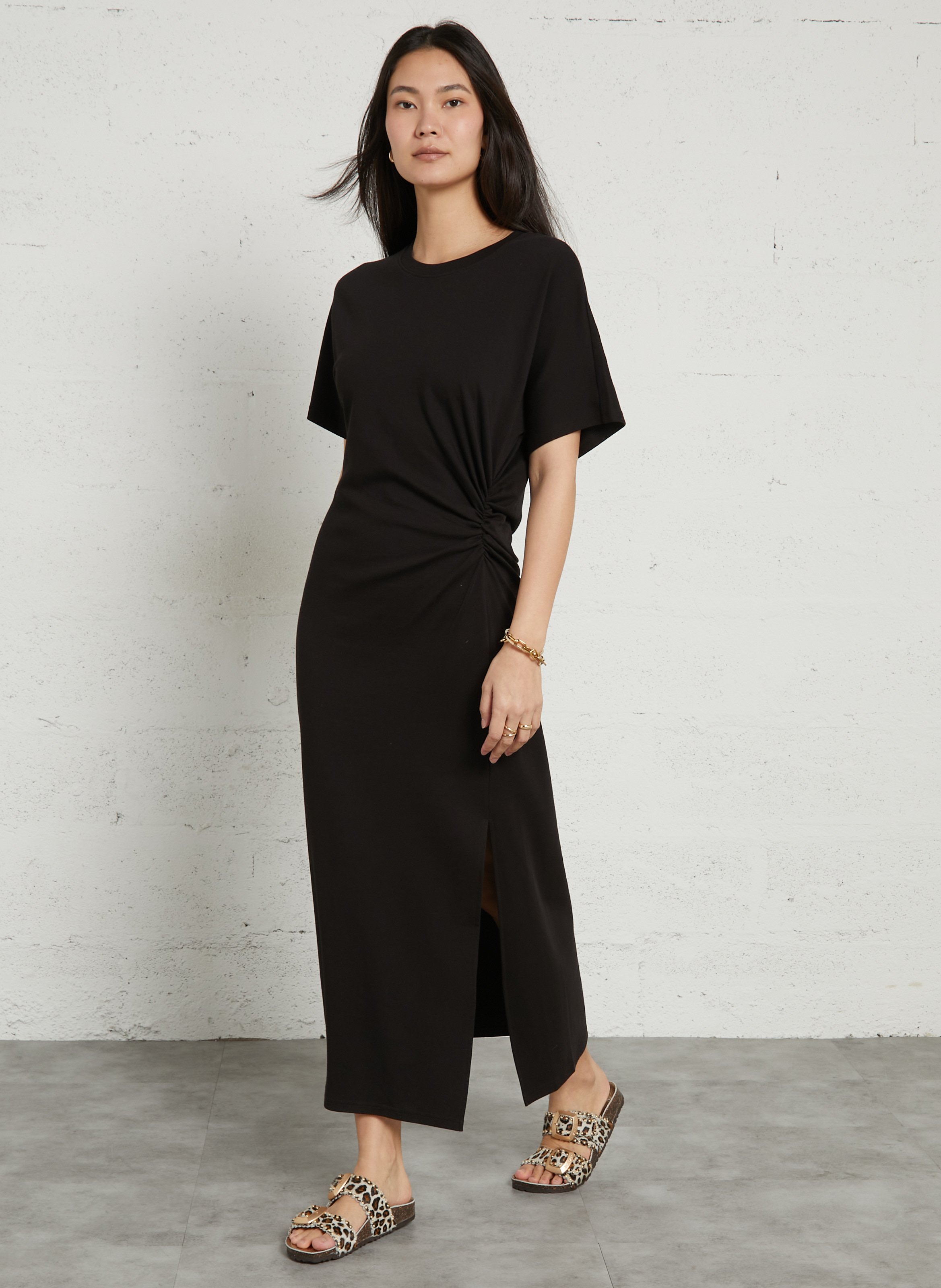 Fitted long dress with gathers in a solid color MAISON 123 Black