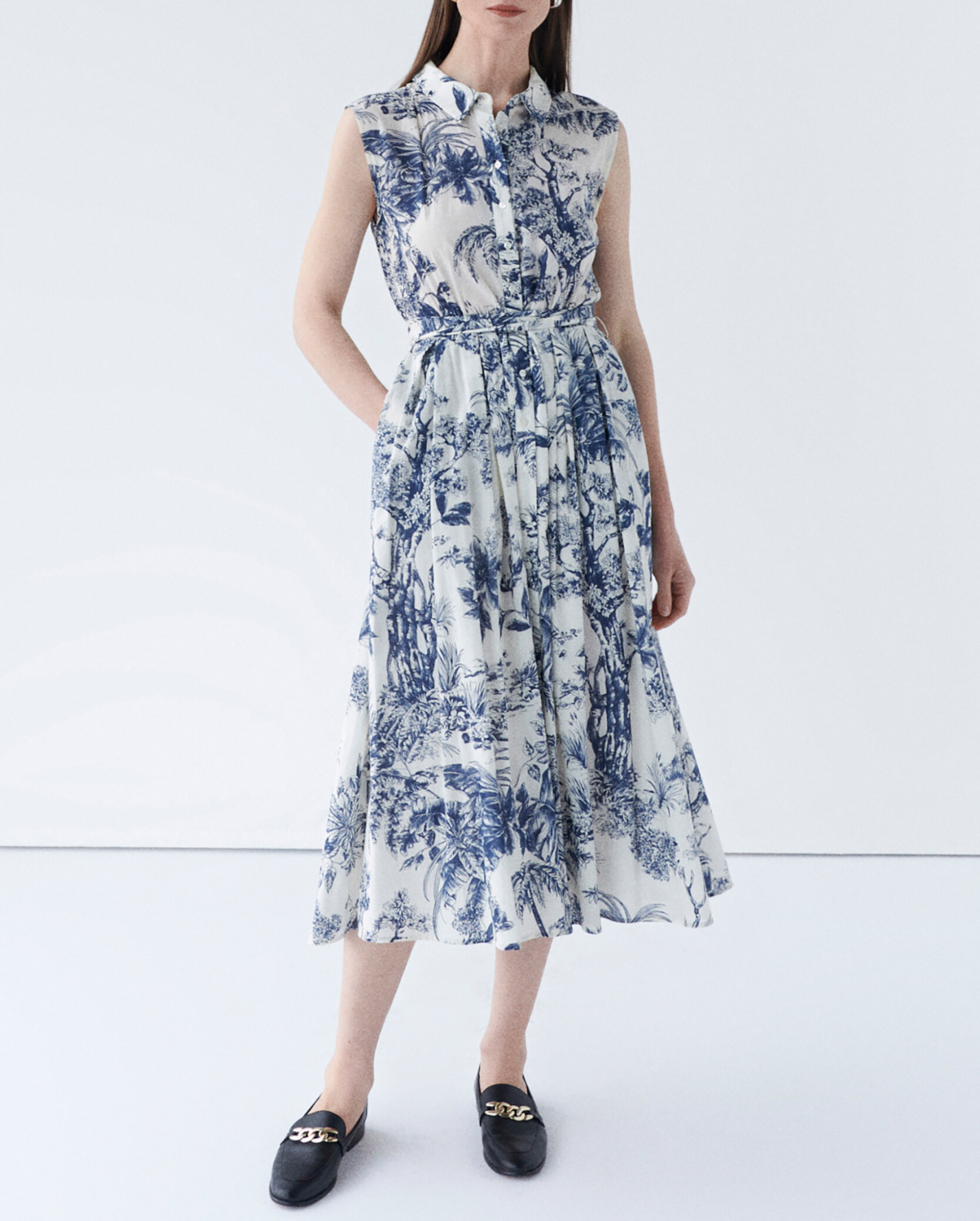 Robe midi fluide ceinturée à motifs CAROLL Bleu