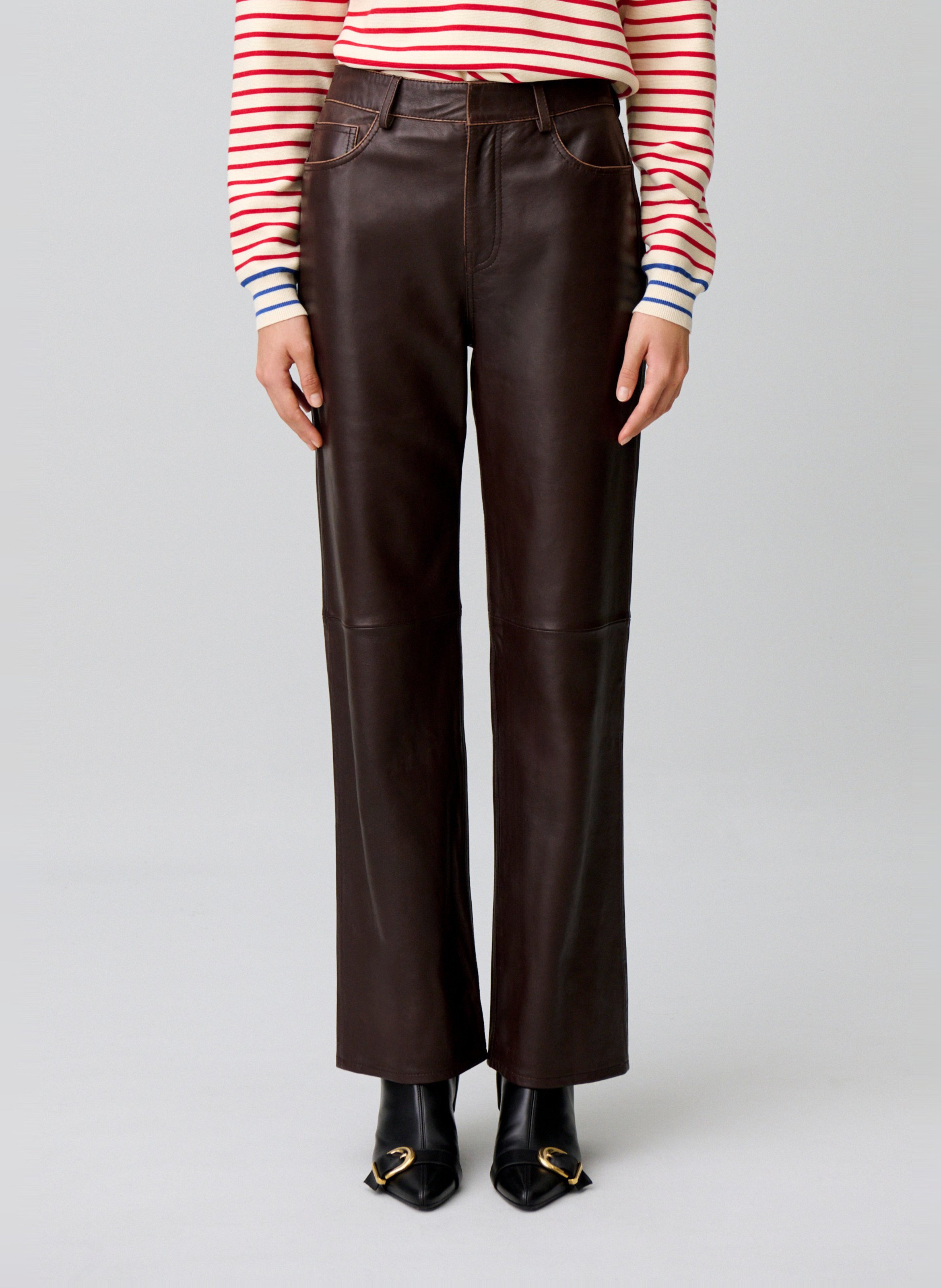 Pantalon droit uni en cuir CLAUDIE PIERLOT Marron