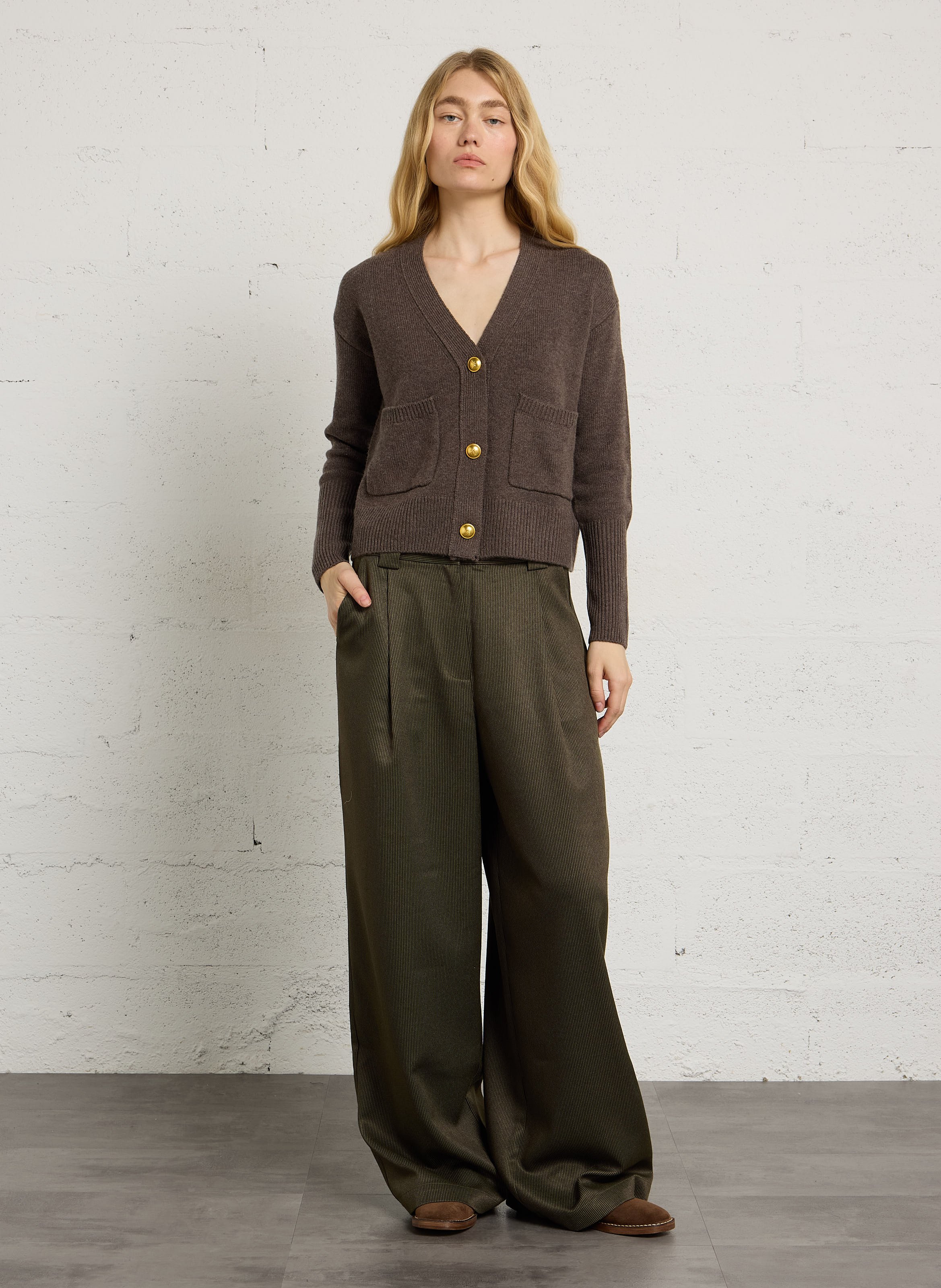 Cardigan droit en laine et cachemire MAJESTIC FILATURES Marron