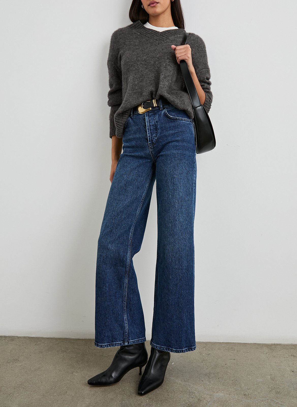 Pull col V en cachemire et en soie mélangés RAILS Gris