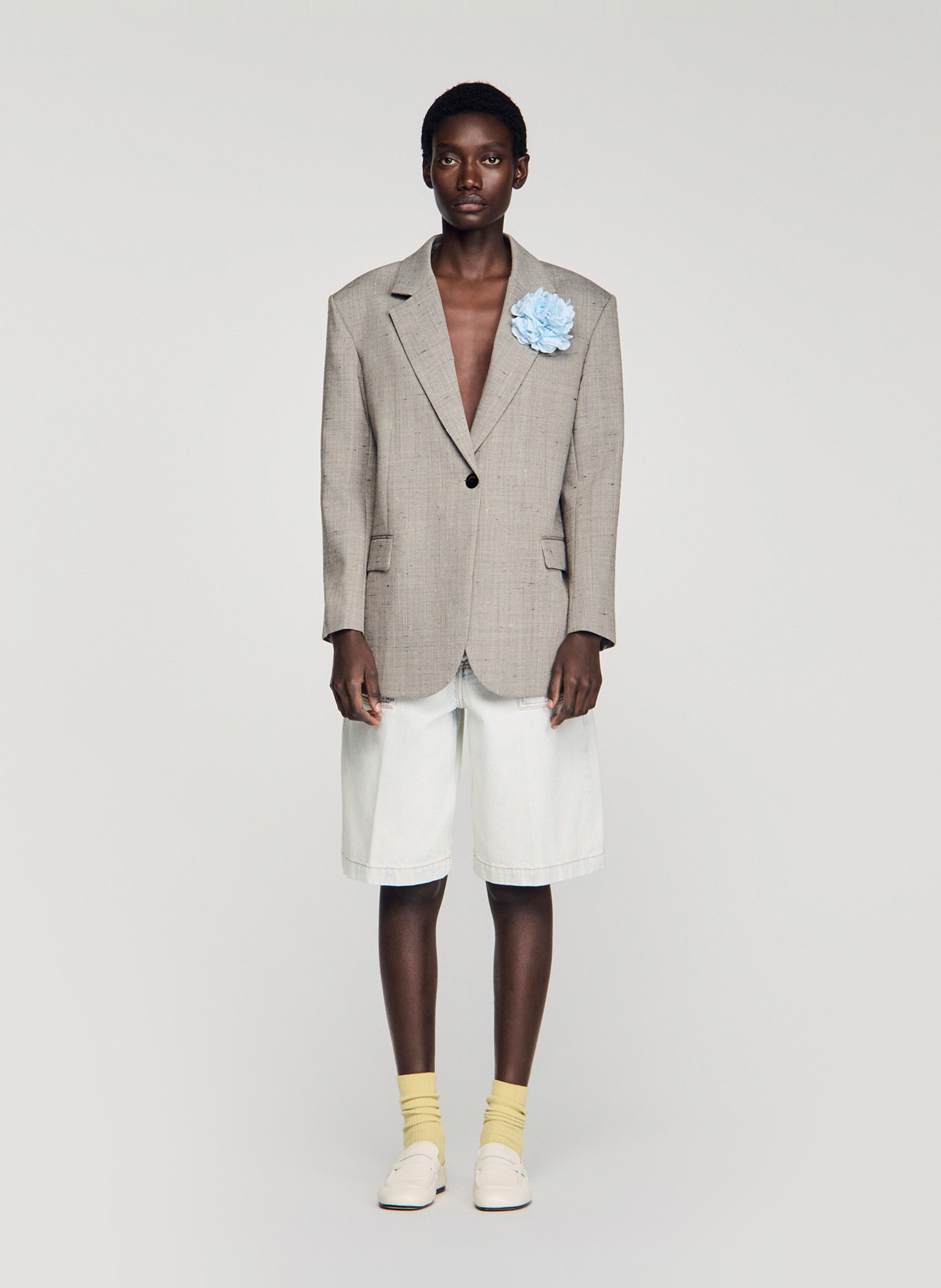 Veste tailleur droite en laine mélangée imprimée SANDRO Beige