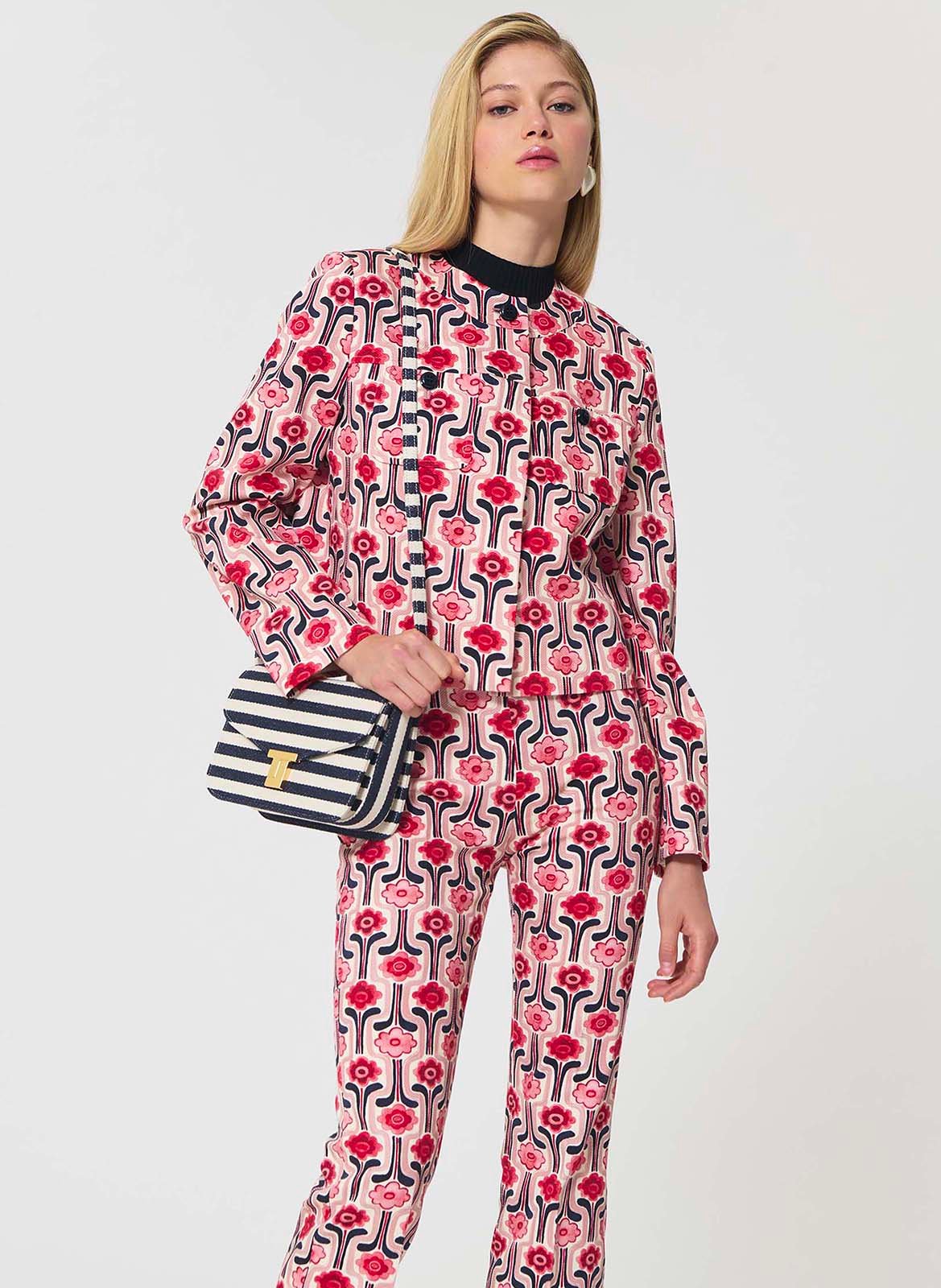 Veste droite col rond en coton mélangé imprimé TARA JARMON Rose