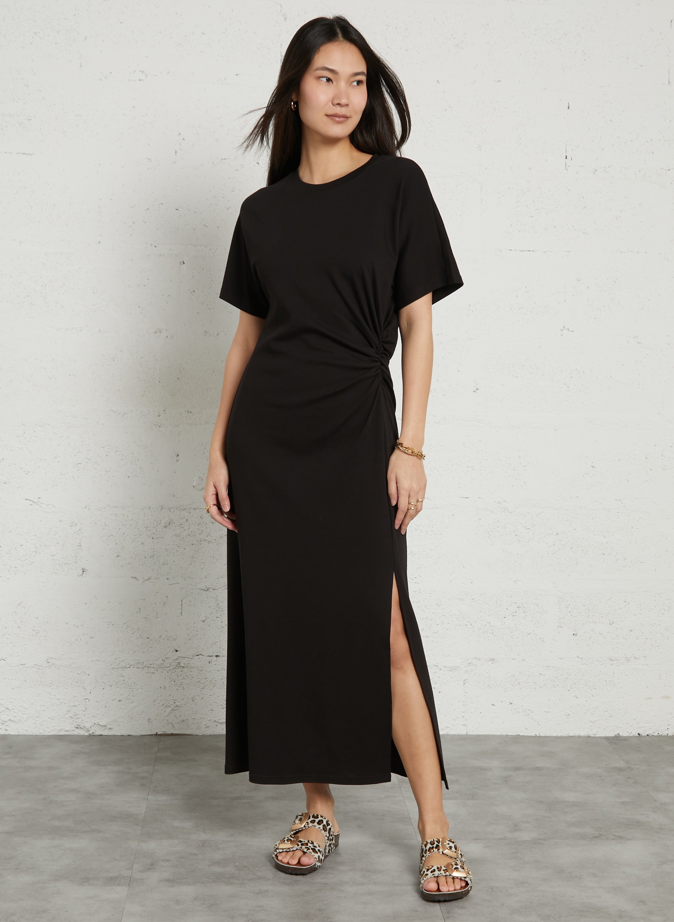 Fitted long dress with gathers in a solid color MAISON 123 Black