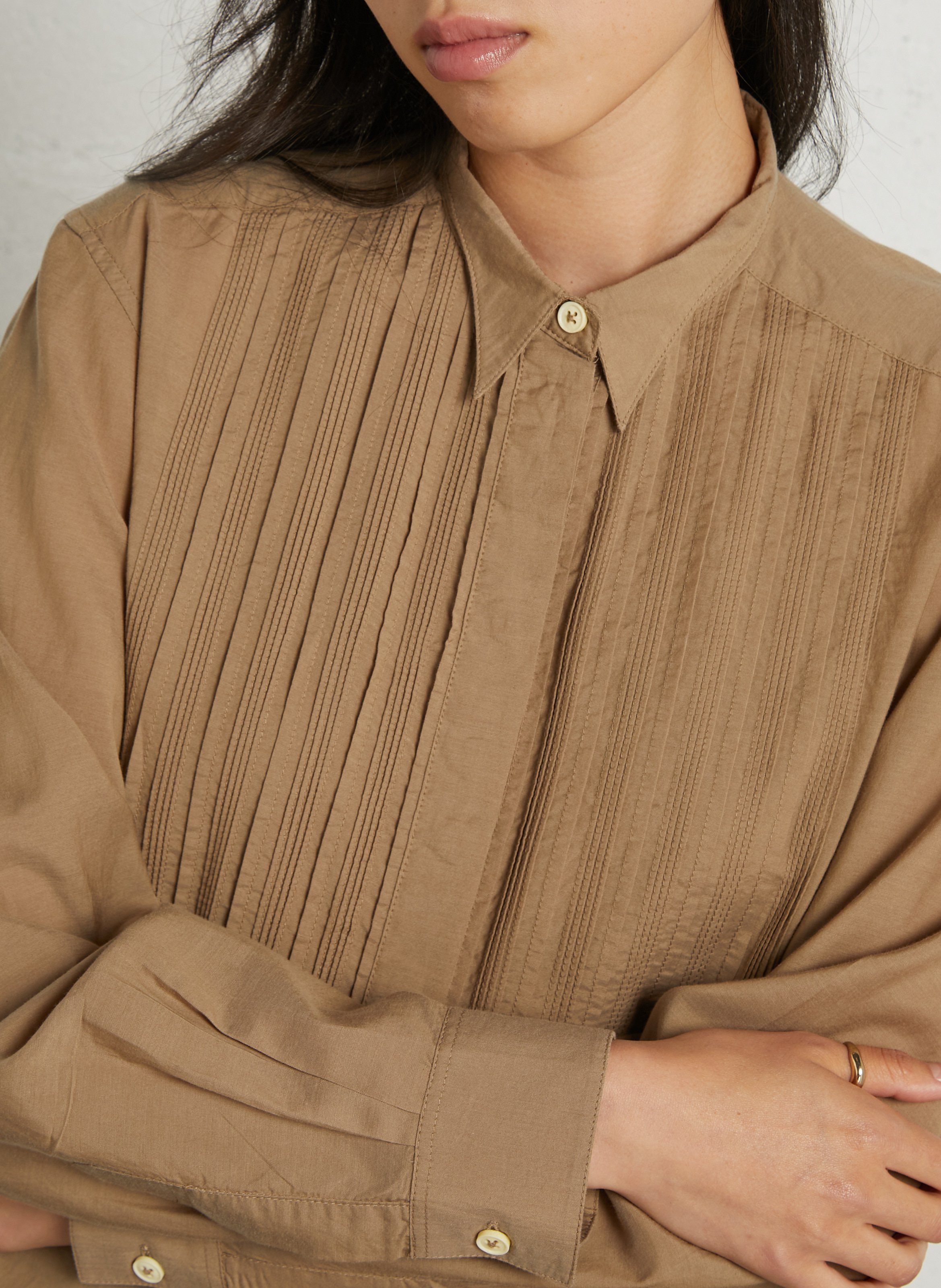 Pleated solid color blended cotton blouse LEON & HARPER Beige