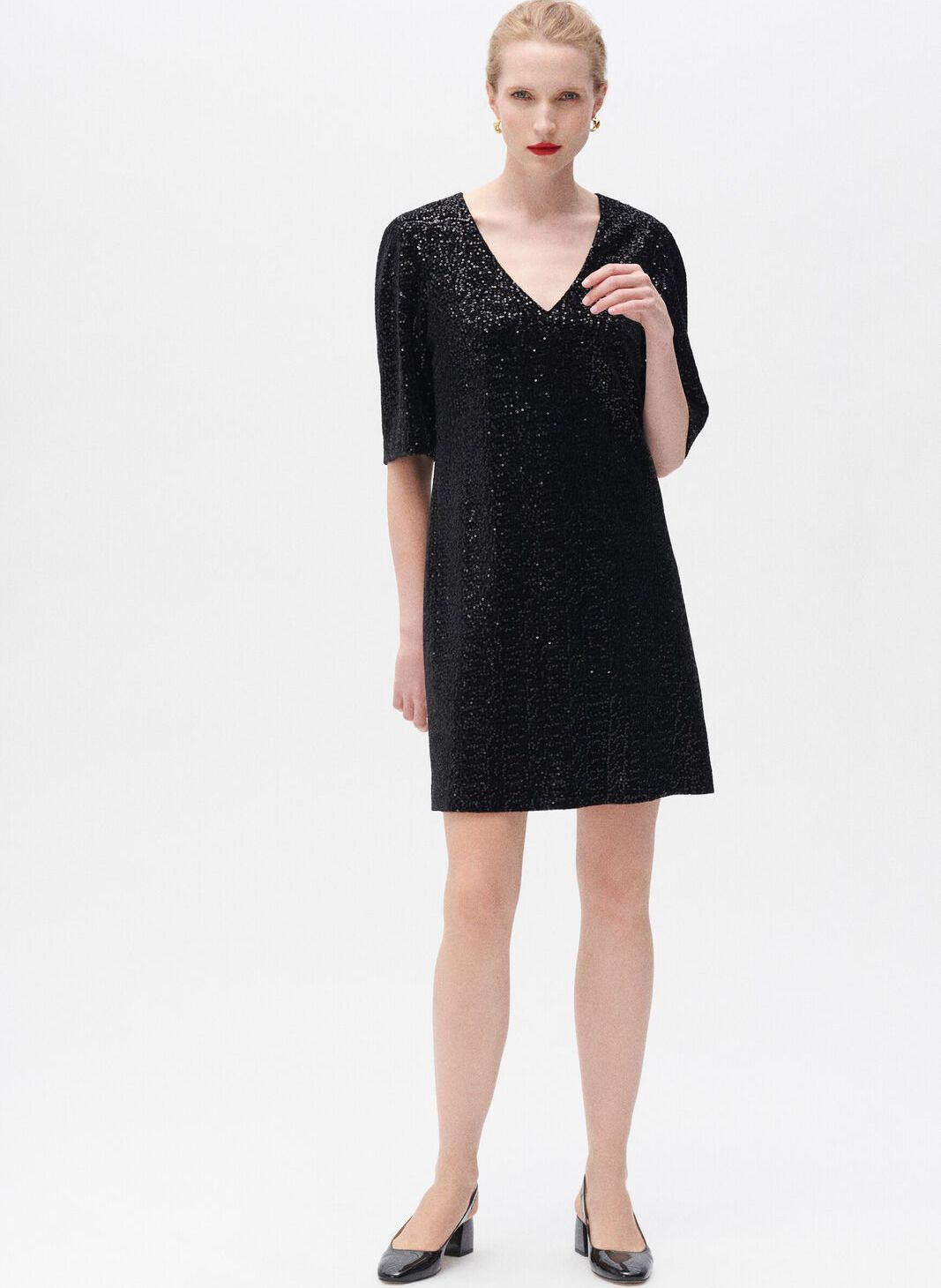 Robe droite col V sequins Noir