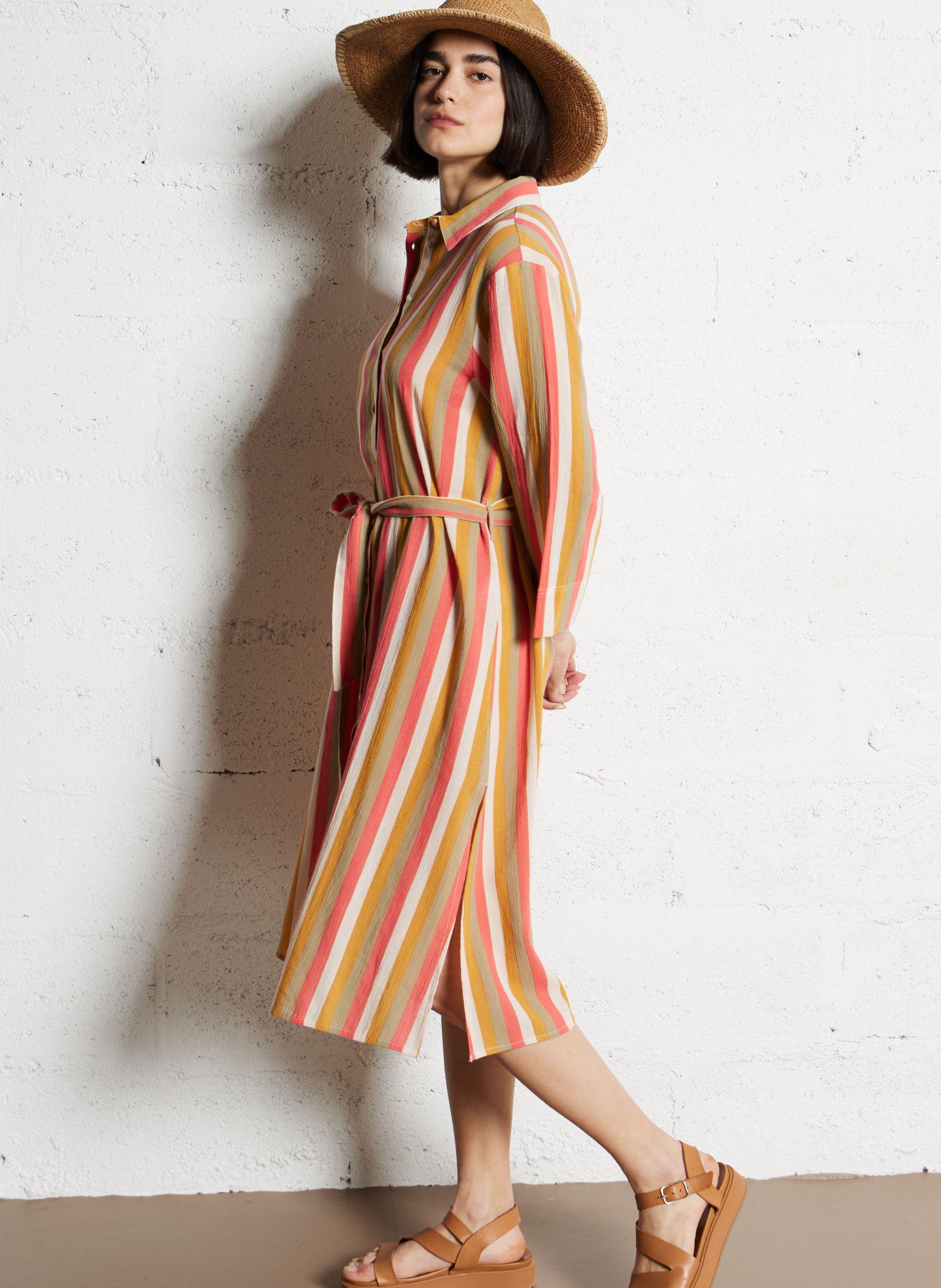 Striped organic cotton midi dress VILA Brown