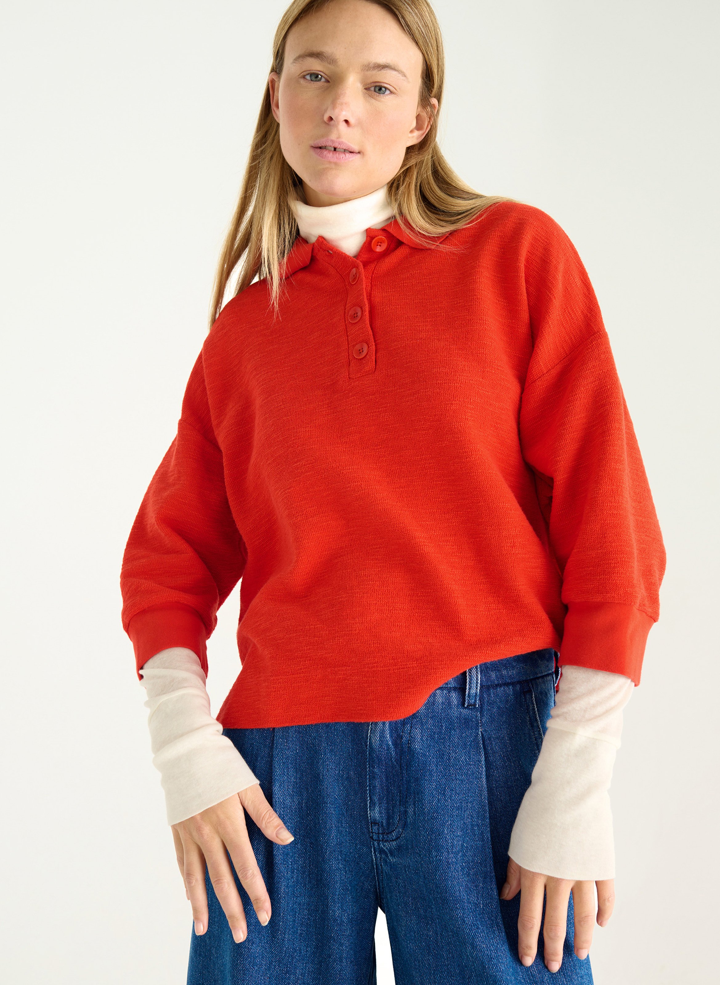 Loose fit solid 3/4 sleeve polo ACOTE