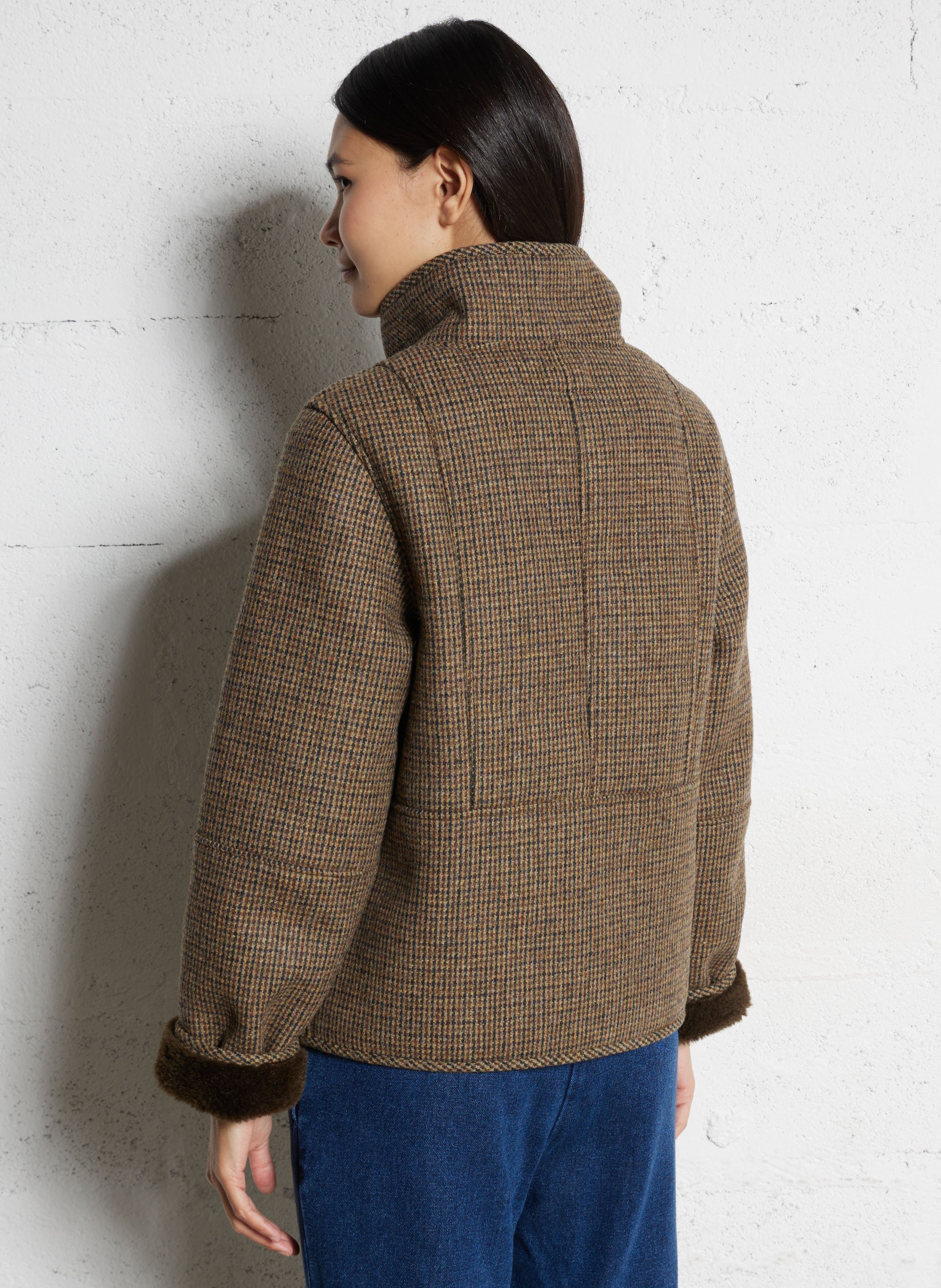 Straight coat with high collar in checkered pattern MAISON 123 Green