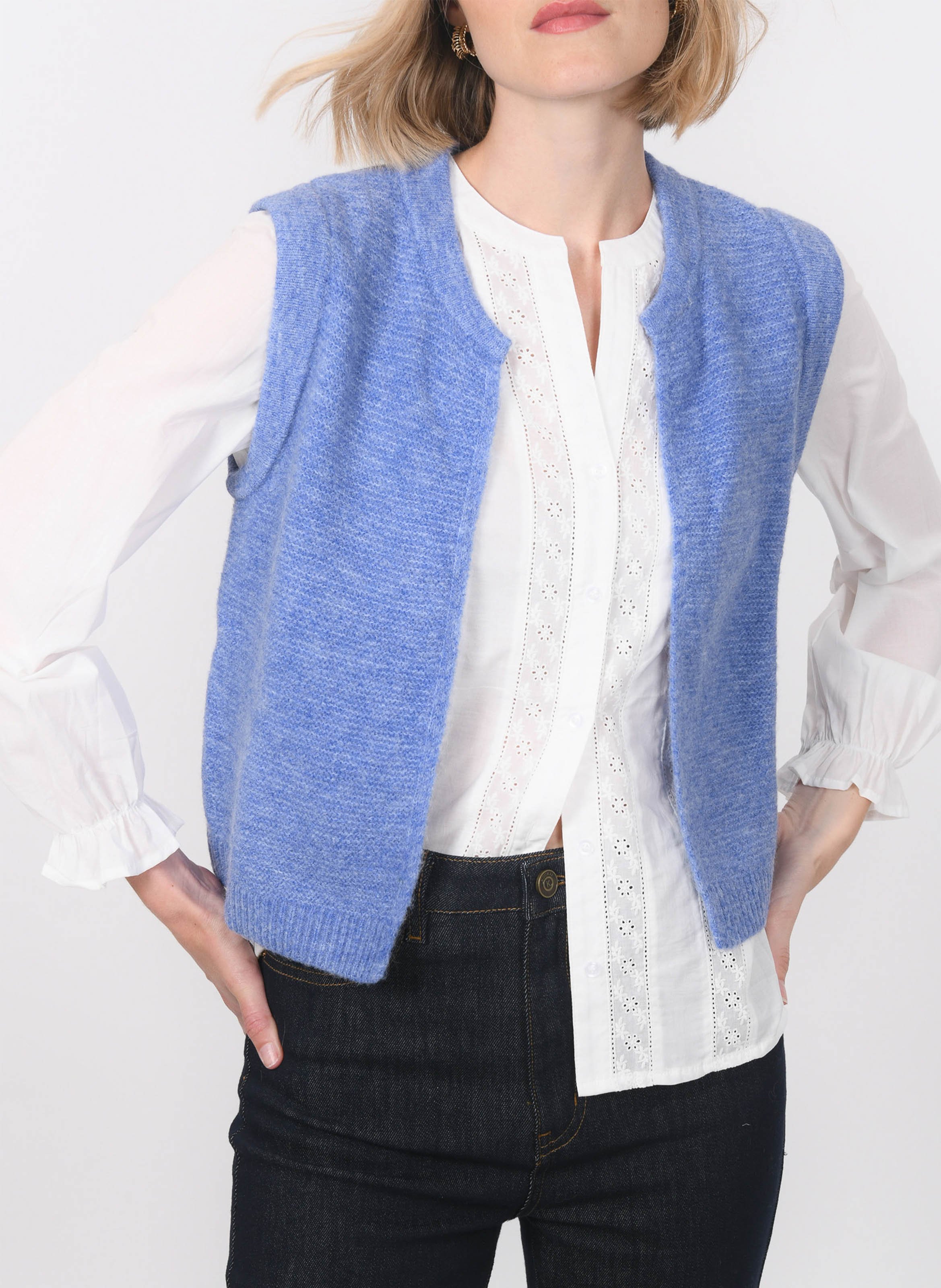 Gilet ouvert sans manches en maille mélangée KOOKAI Bleu