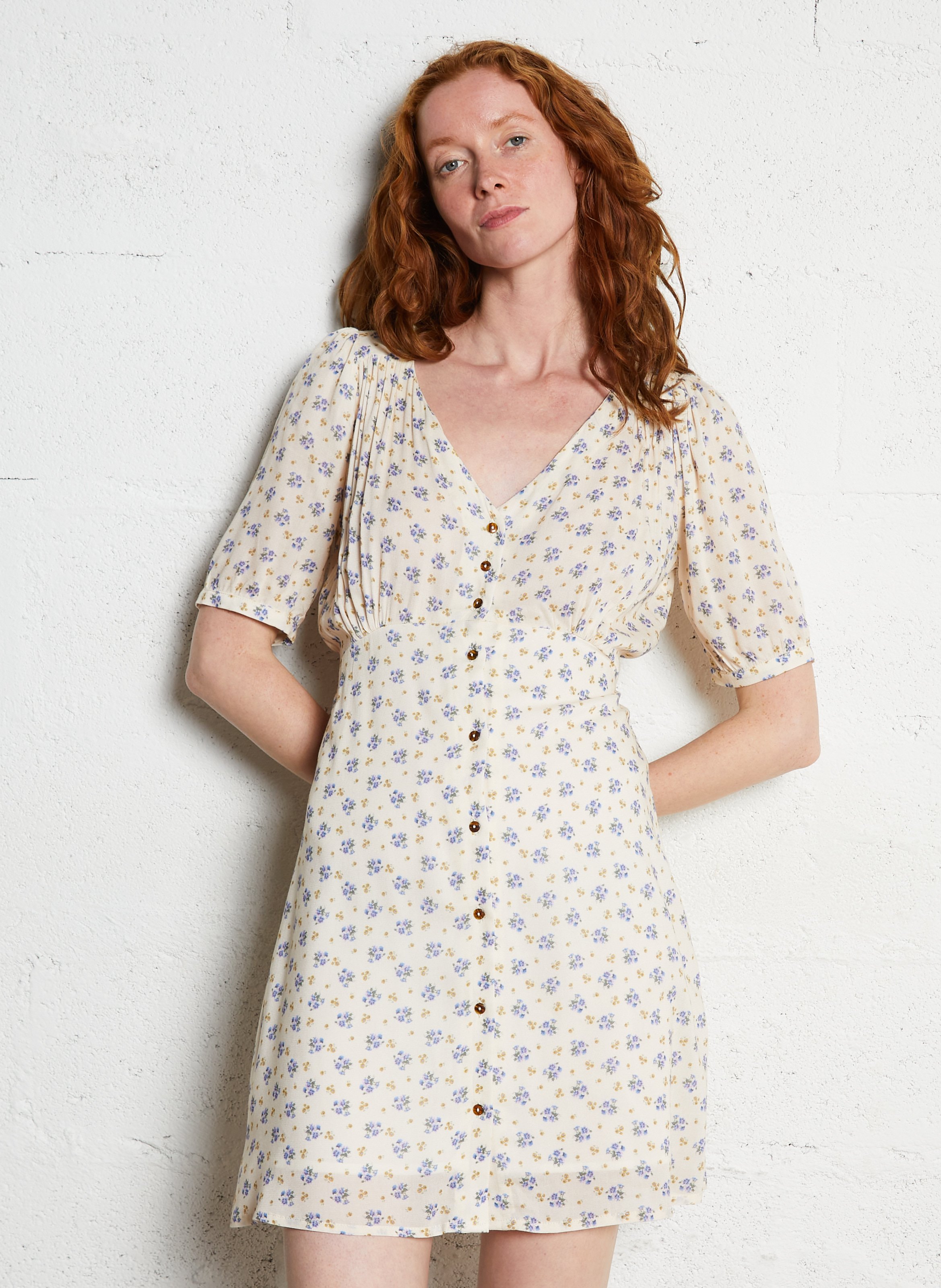 Halflange jurk met V-hals en print EMILE ET IDA Blauw