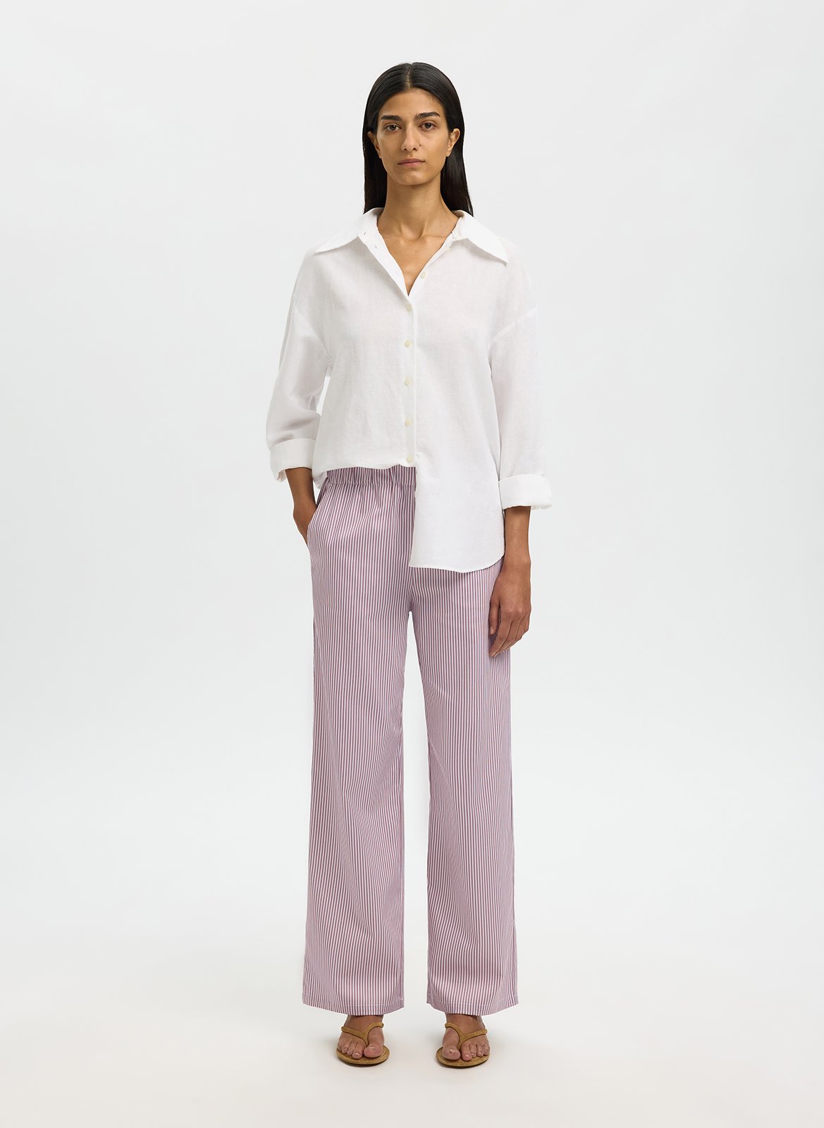 Pantalon droit en coton bio mélangé rayé SELECTED Rose