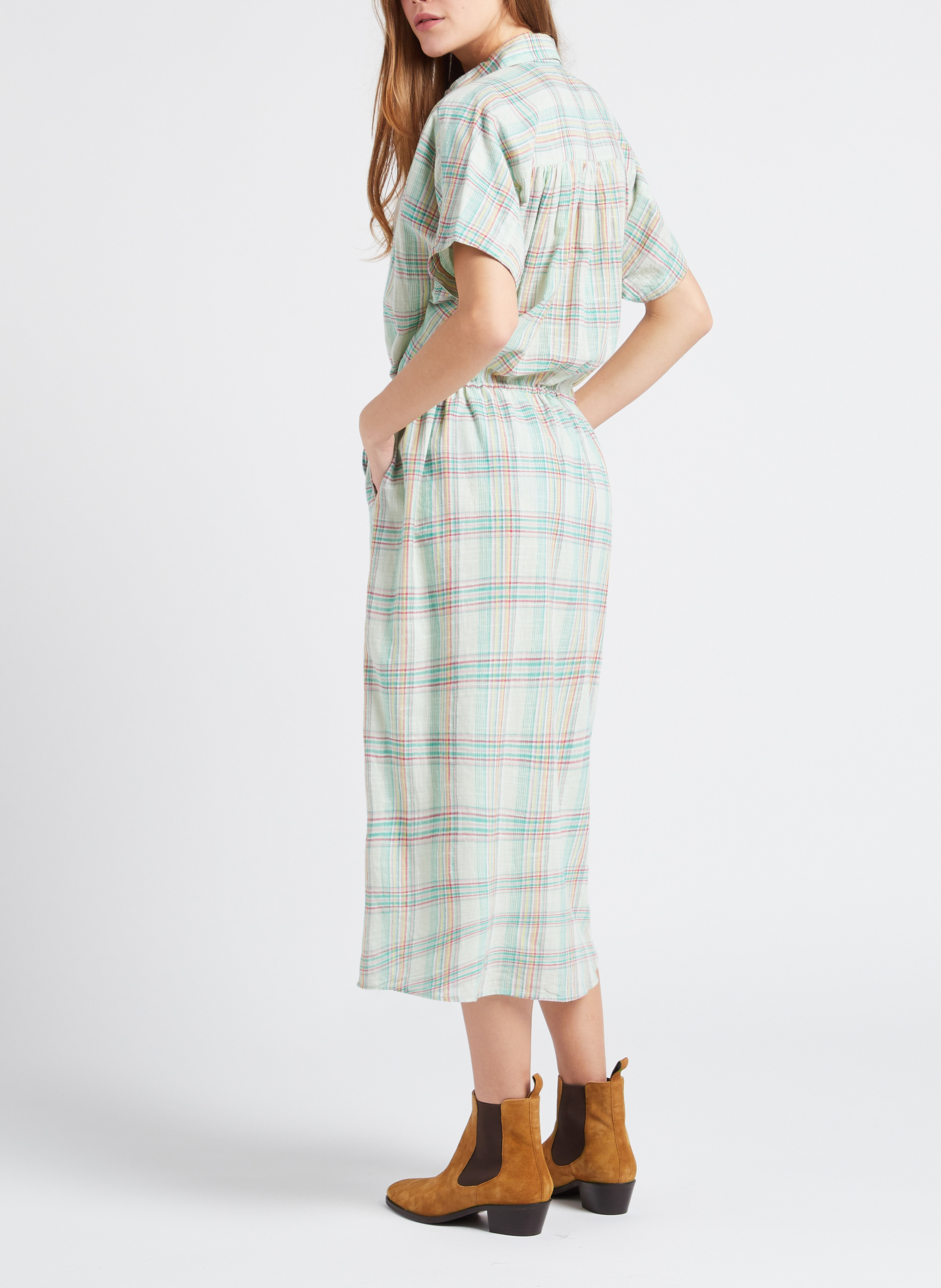 Wijde, halflange katoenen jurk met ruitjes en klassieke kraag SWILDENS Blauw