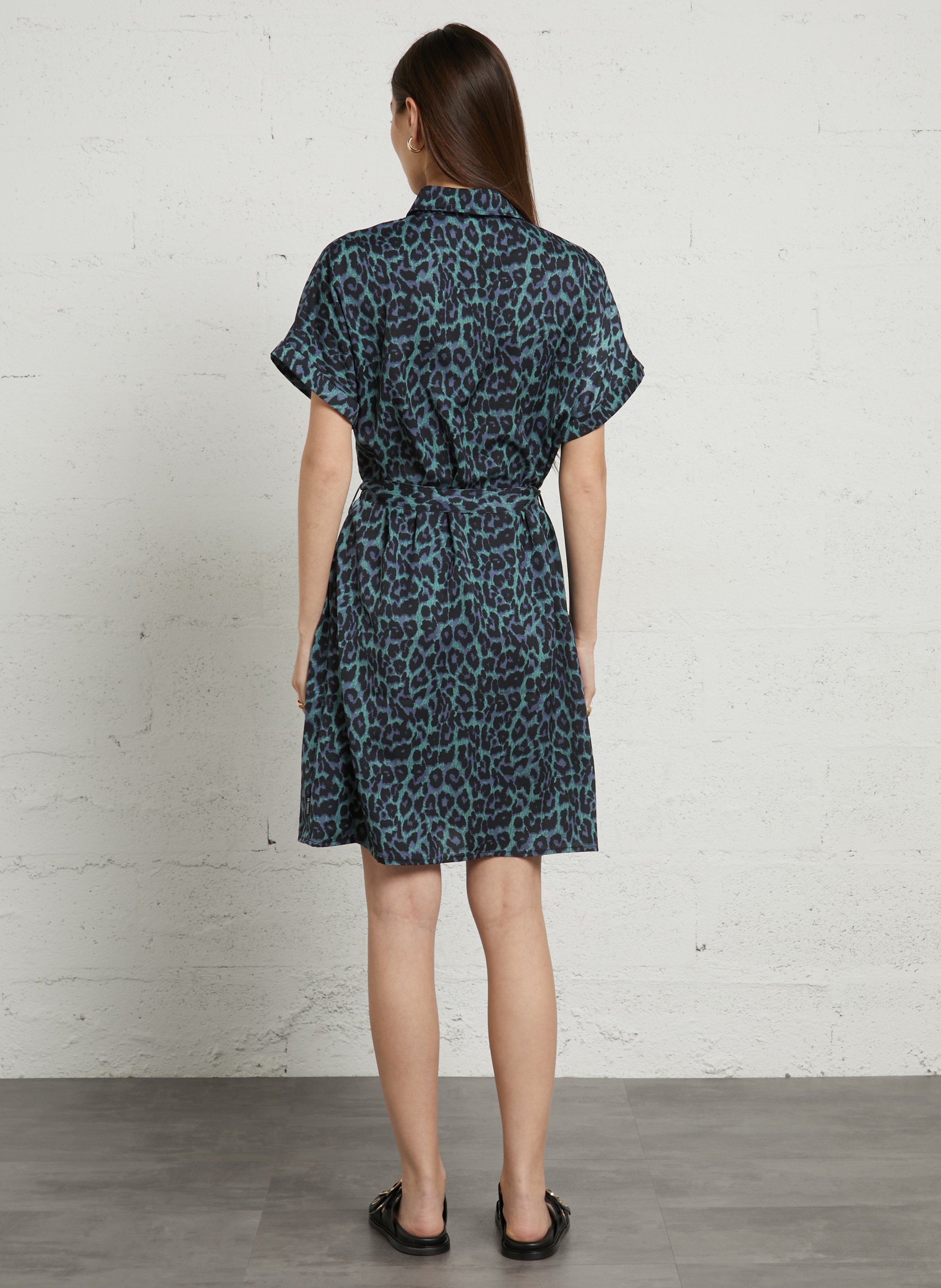 Short dress with classic collar, patterned. LE TEMPS DES CERISES Green