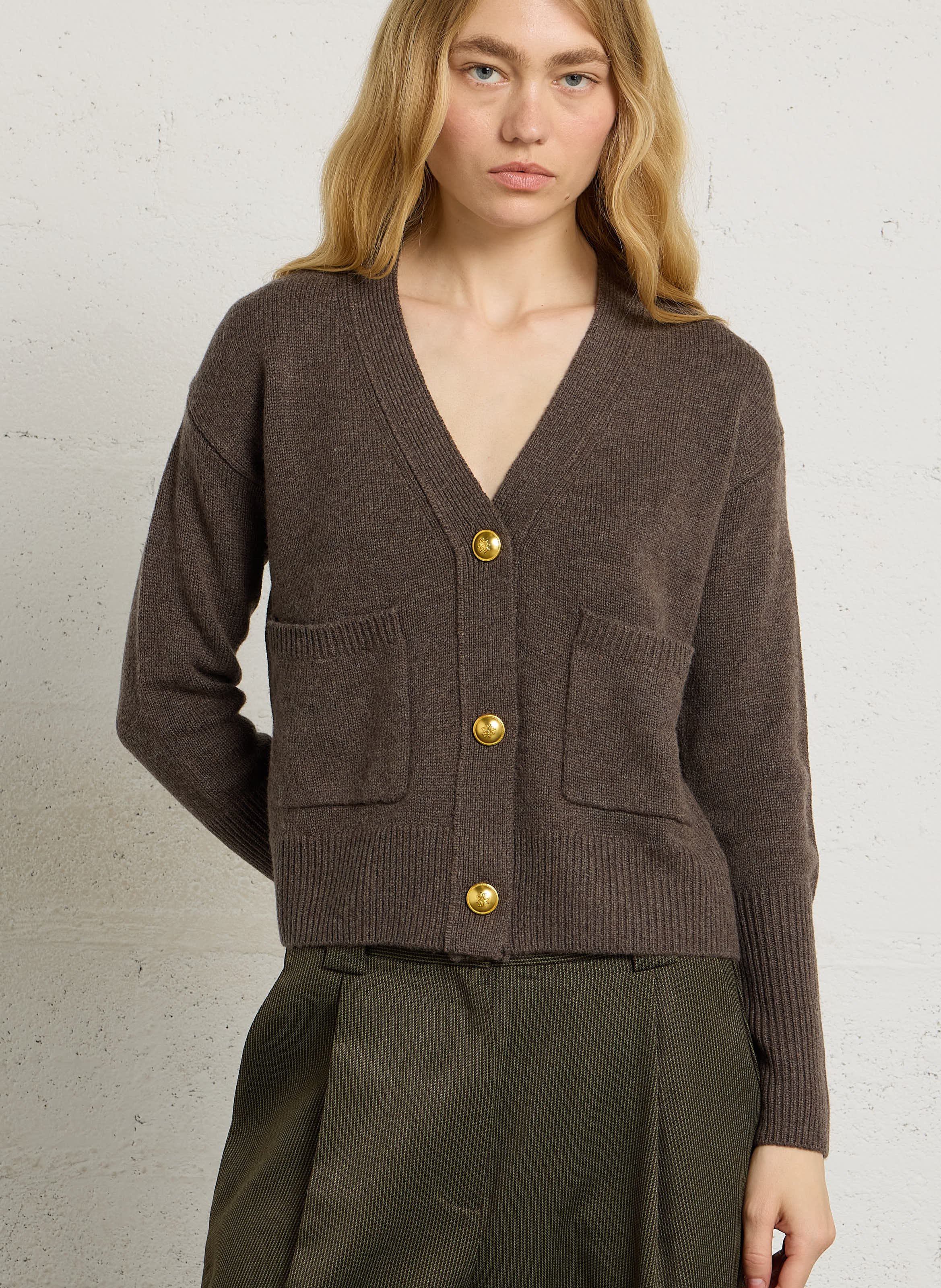 Cardigan droit en laine et cachemire MAJESTIC FILATURES Marron