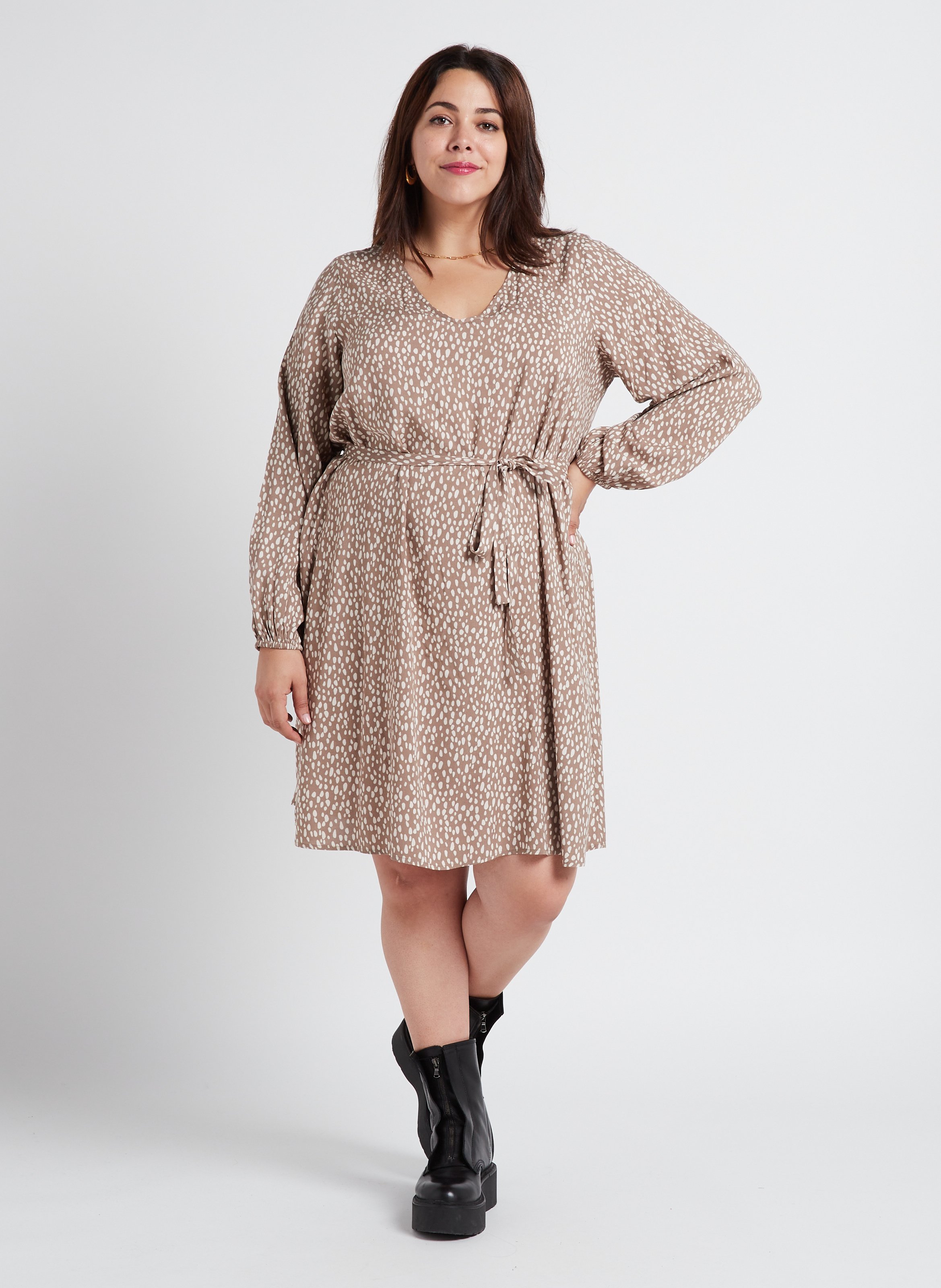 Short printed V-neck dress EVOKED Beige