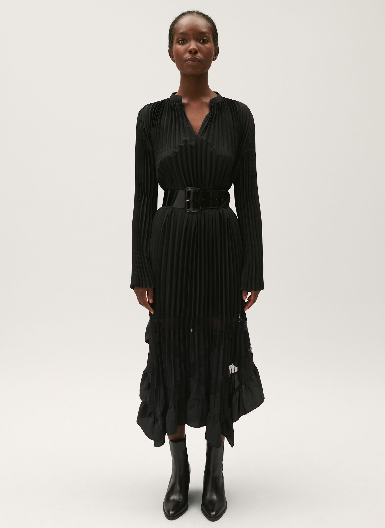 CLAUDIE PIERLOT RIVERSA Black Long ruffled pleated dress