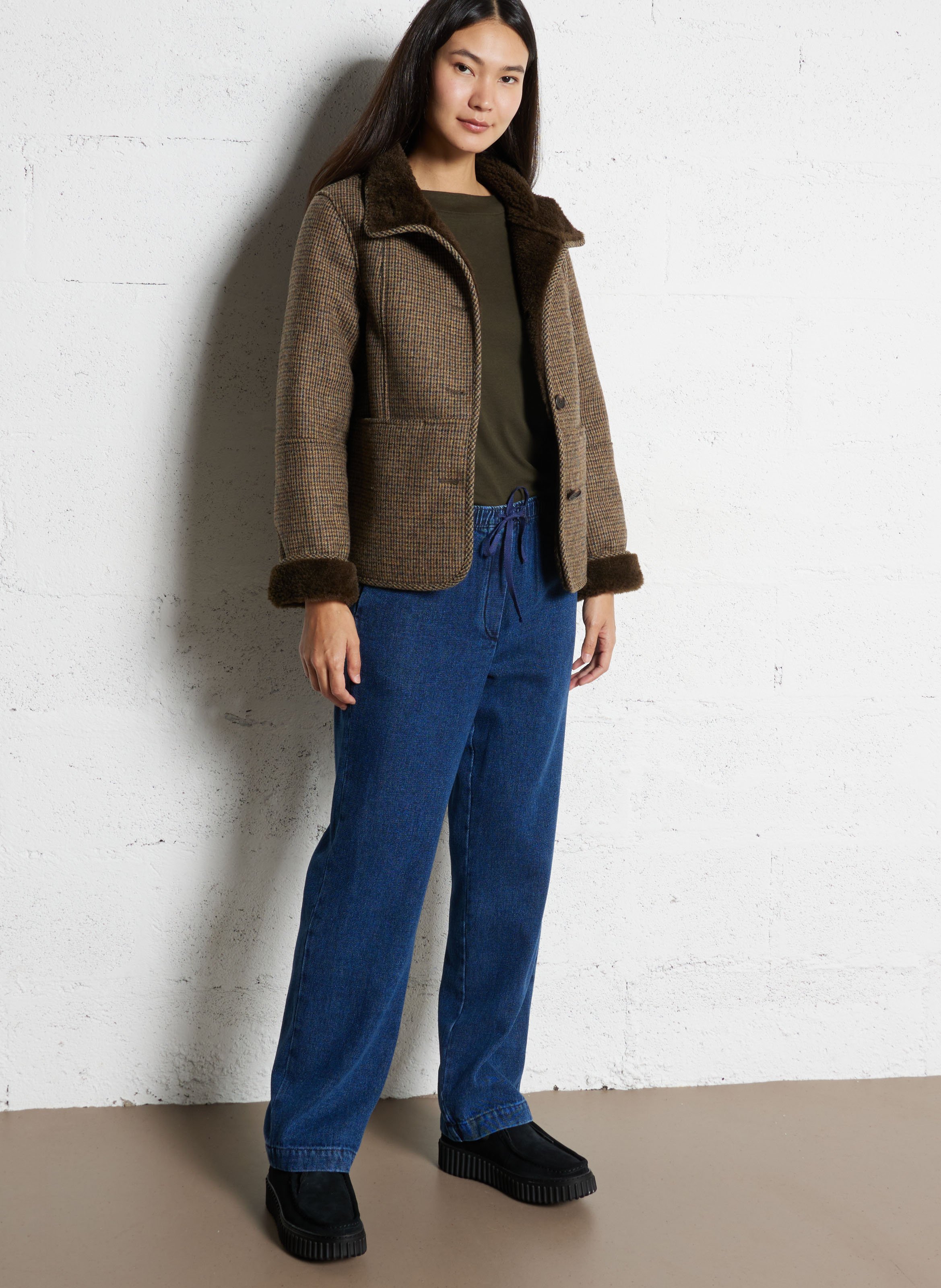 Straight coat with high collar in checkered pattern MAISON 123 Green