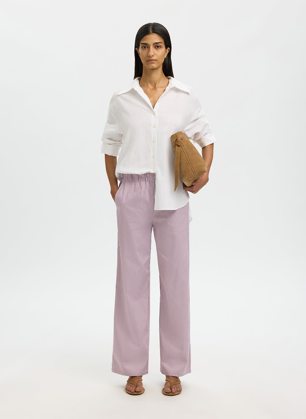 Pantalon droit en coton bio mélangé rayé SELECTED Rose