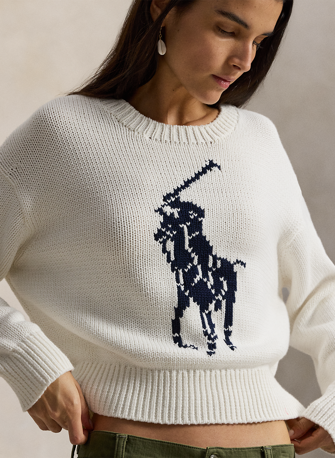 Straight fit round neck jacquard cotton sweater POLO RALPH LAUREN White