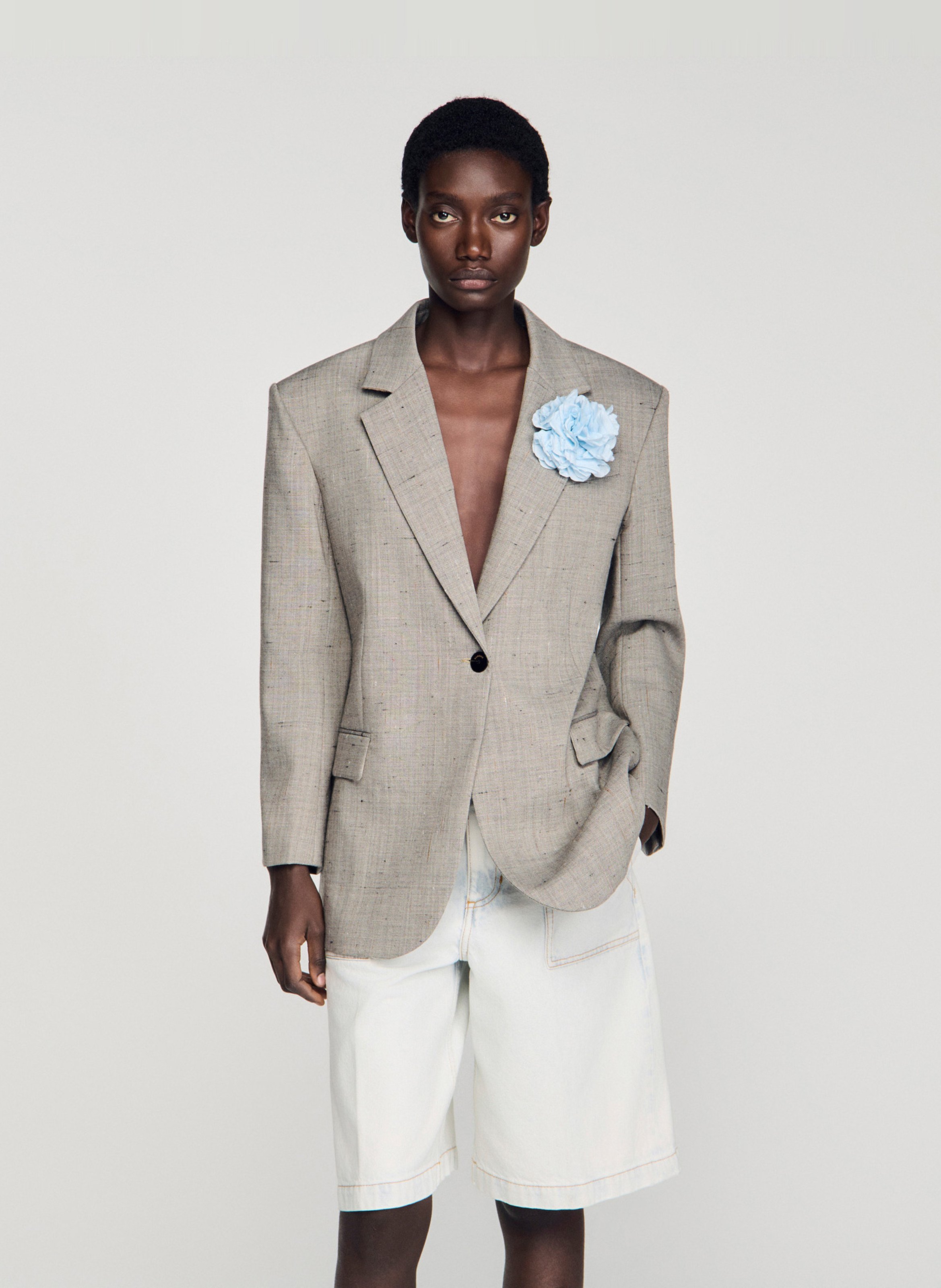 Veste tailleur droite en laine mélangée imprimée SANDRO Beige