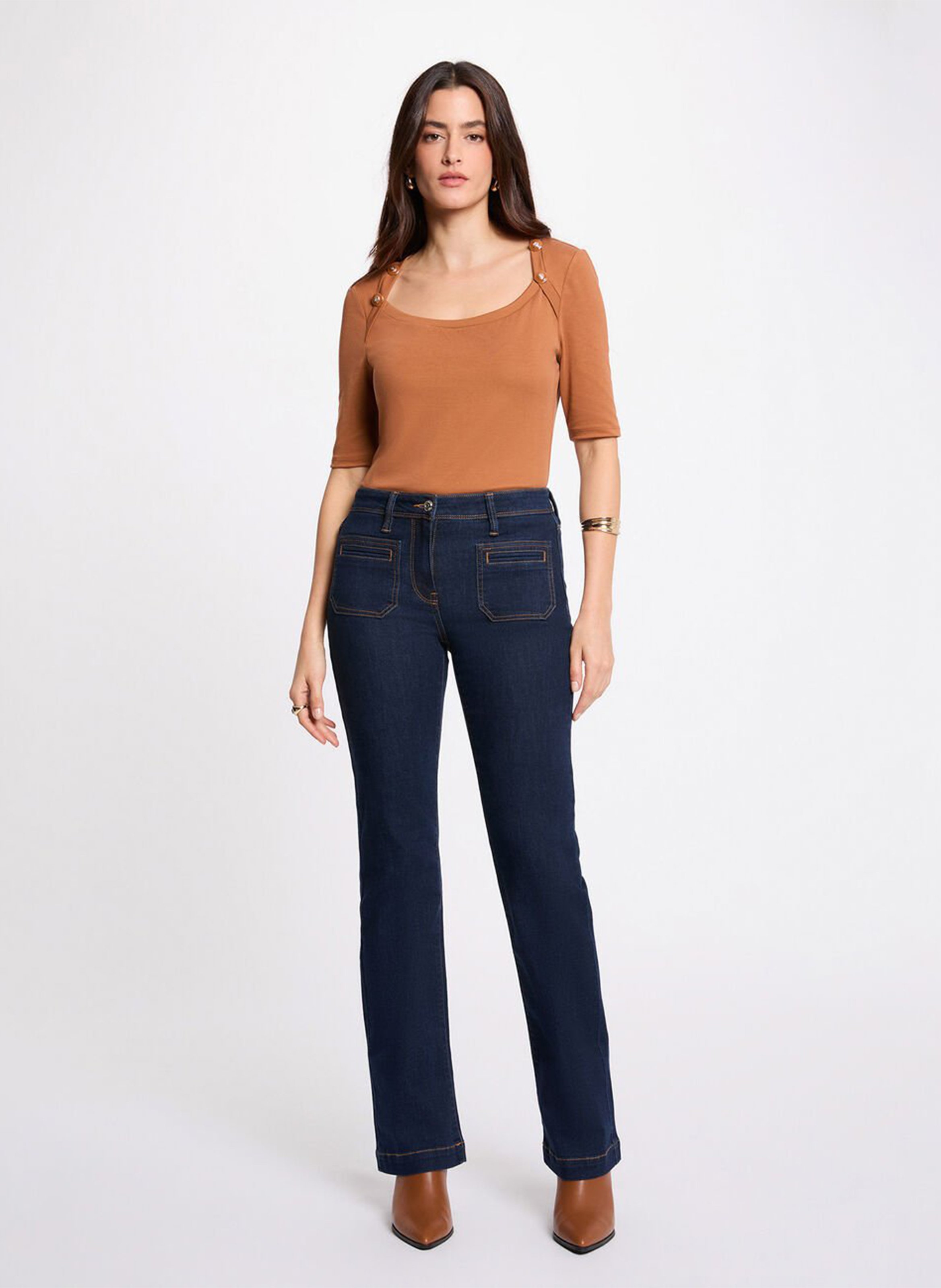 Fitted plain boat neck t-shirt MORGAN Brown