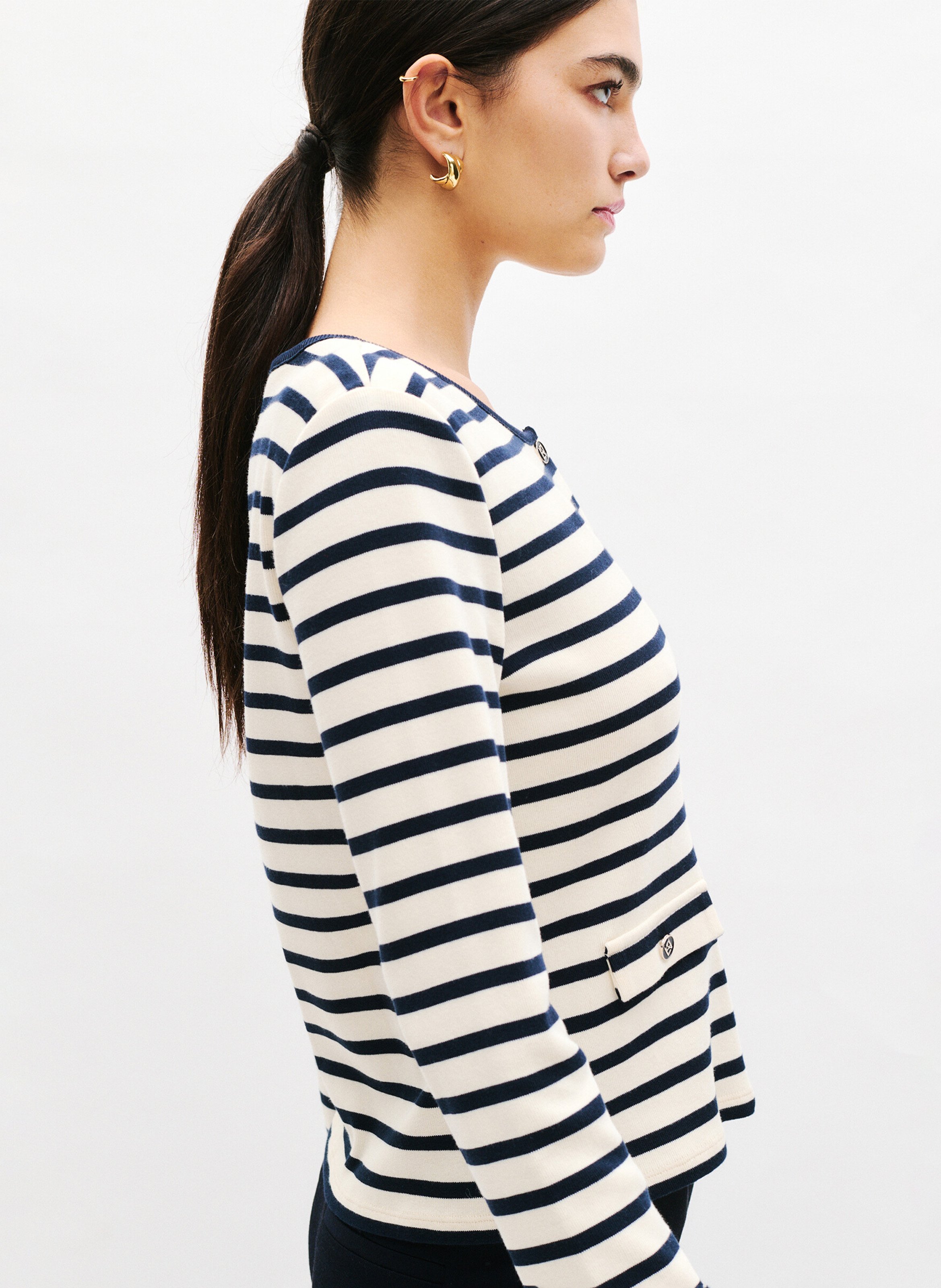 Gerade geschnittener Baumwoll-Cardigan mit Rundhalskragen und Streifen CAROLL Beige