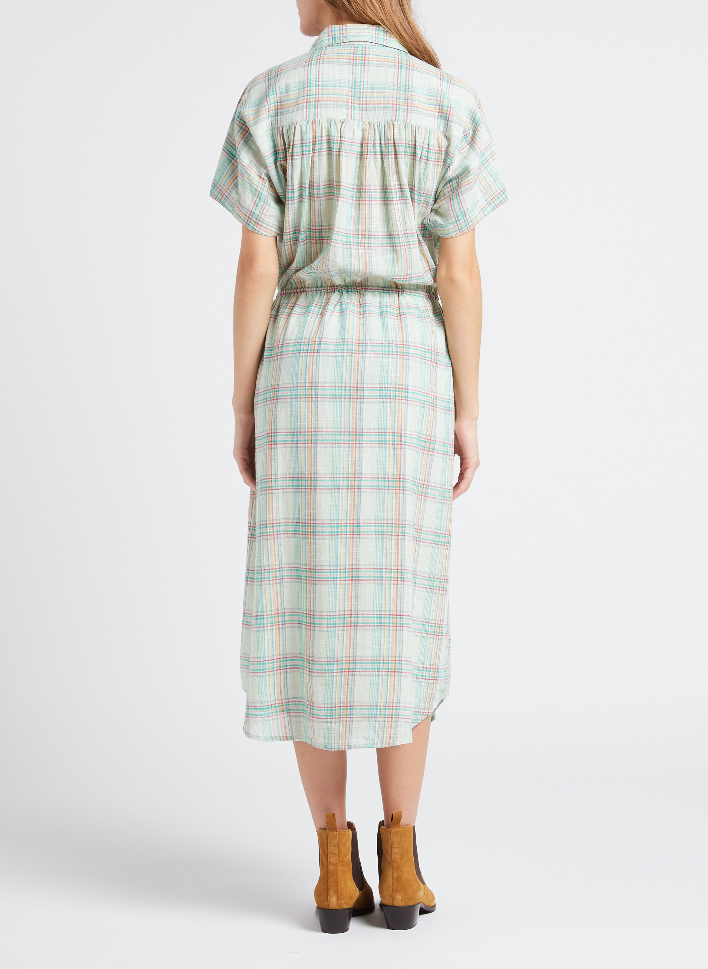 Wijde, halflange katoenen jurk met ruitjes en klassieke kraag SWILDENS Blauw