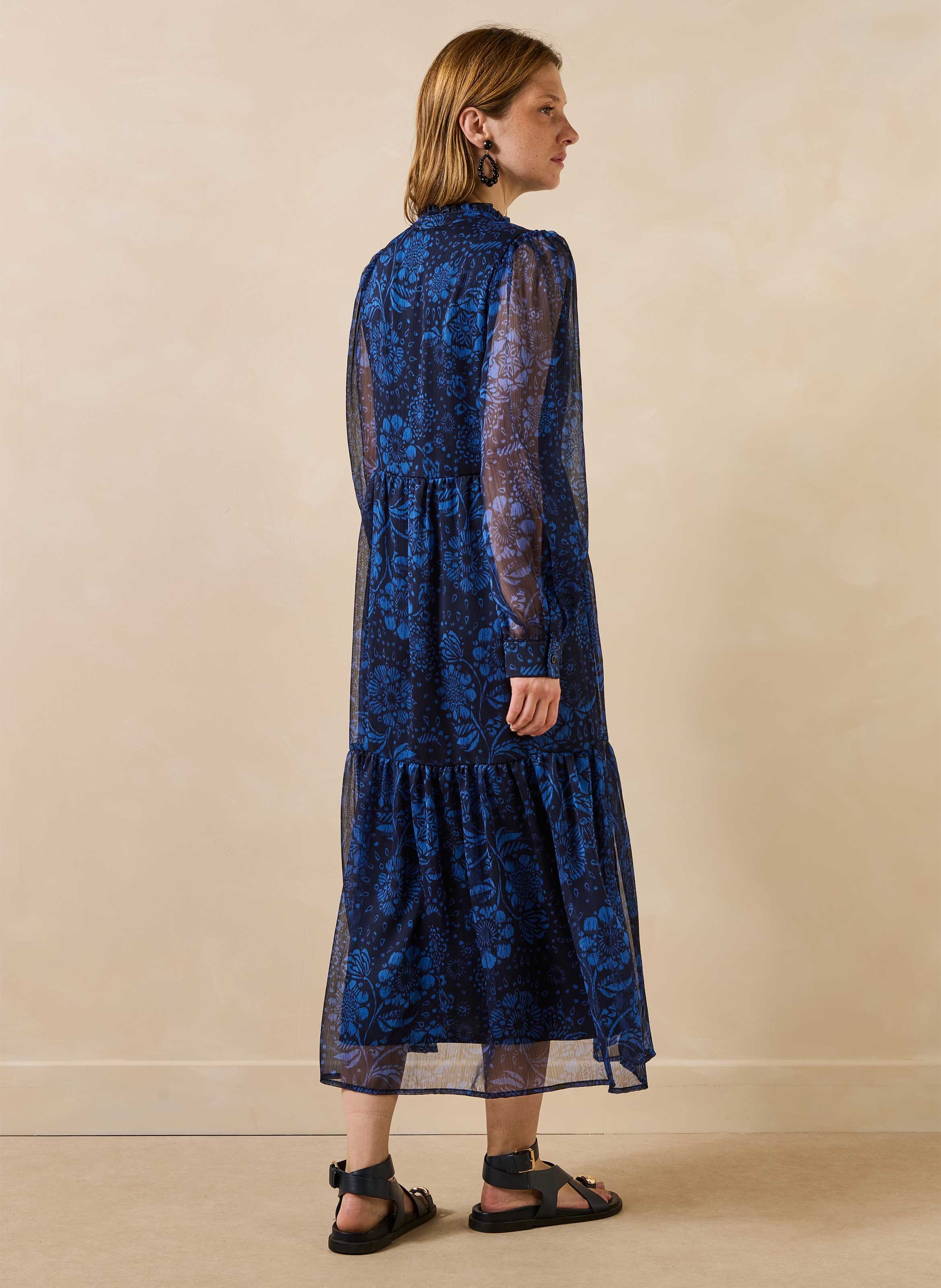 Weites langes Kleid aus bedrucktem Voile LA FEE MARABOUTEE Blau