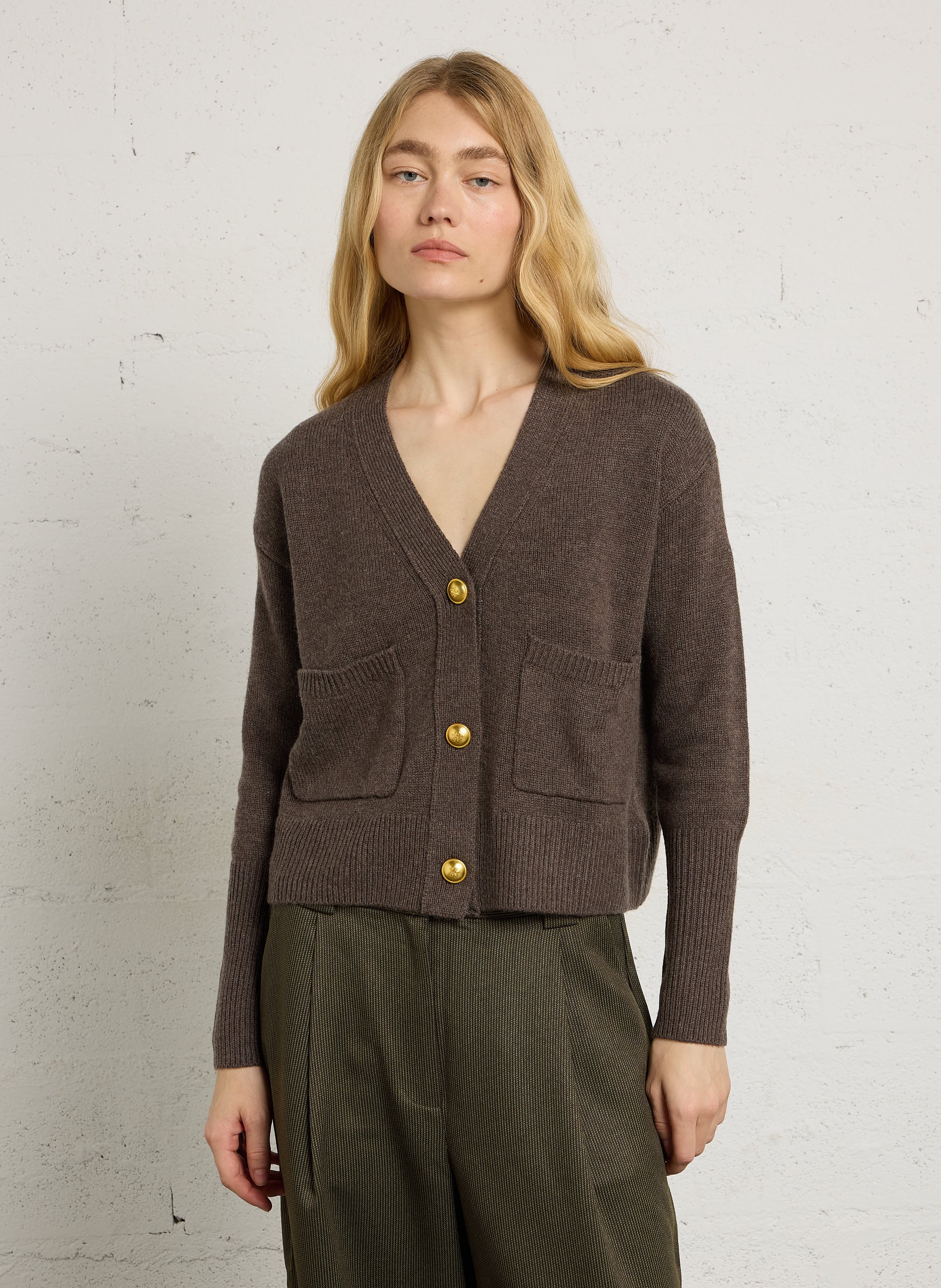 Cardigan droit en laine et cachemire MAJESTIC FILATURES Marron
