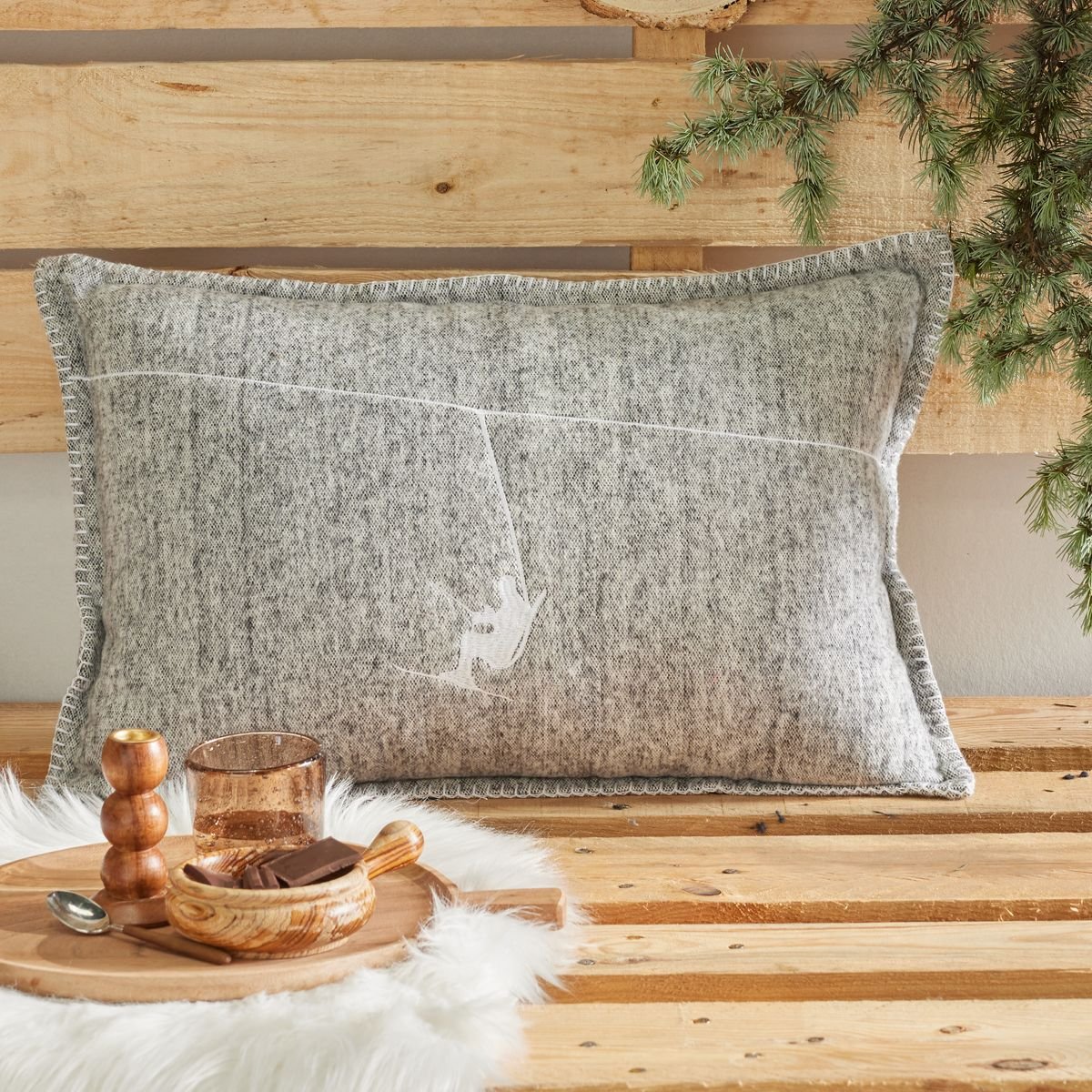 Rectangular embroidered cotton flannel cushion TODAY LINGE DE MAISON Grey