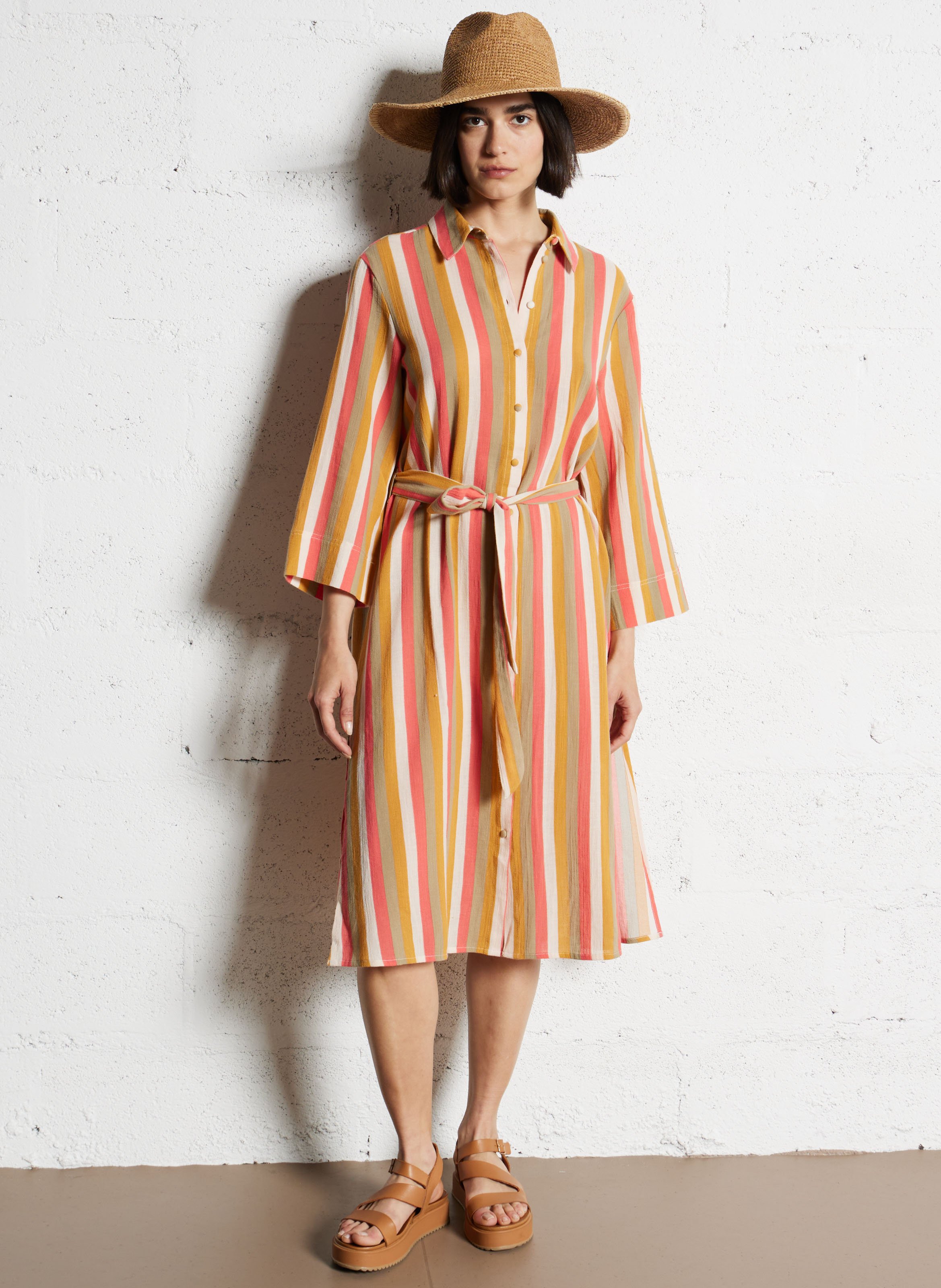 Striped organic cotton midi dress VILA Brown