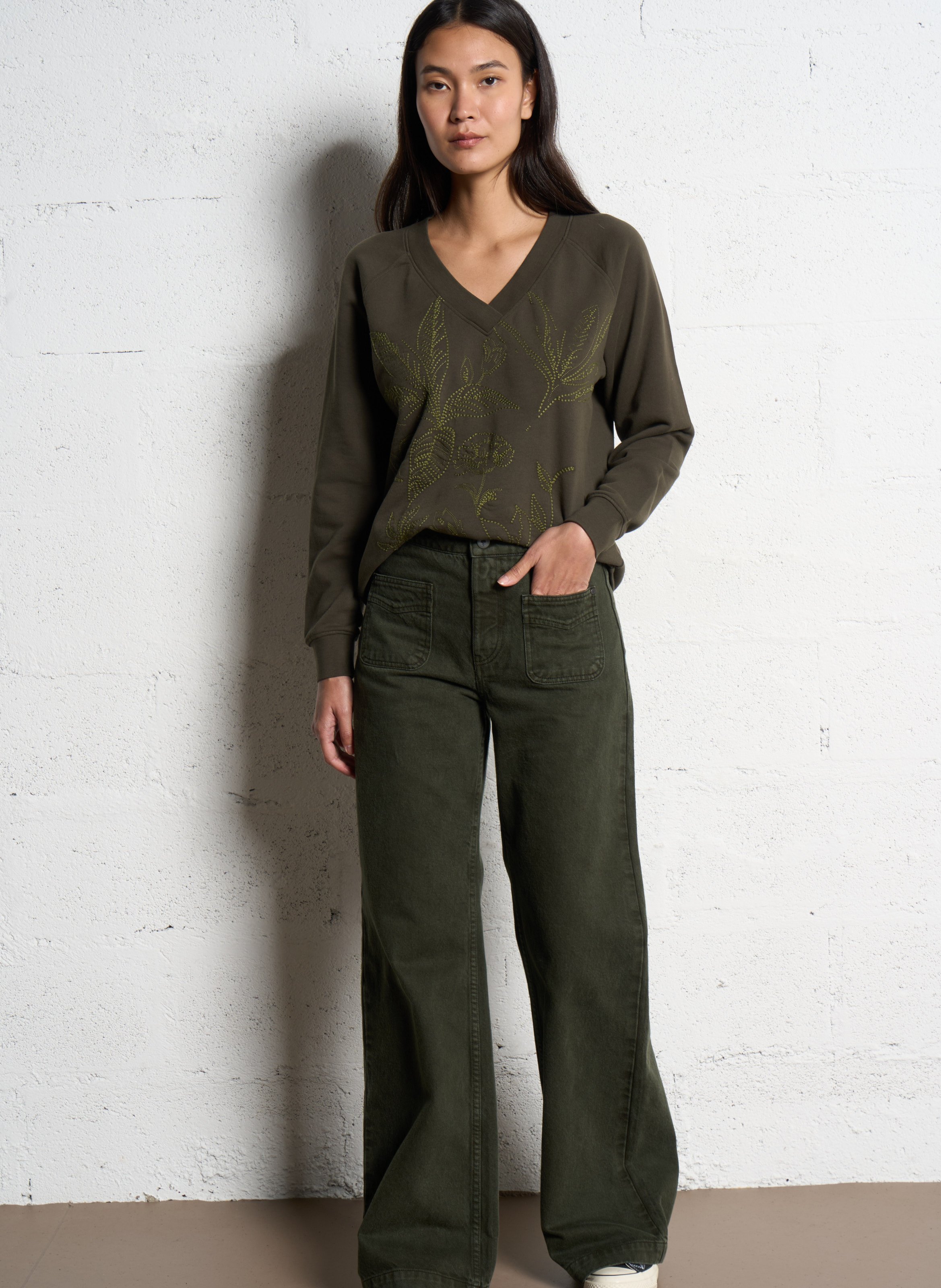 Sweat col V en coton ONE STEP Kaki